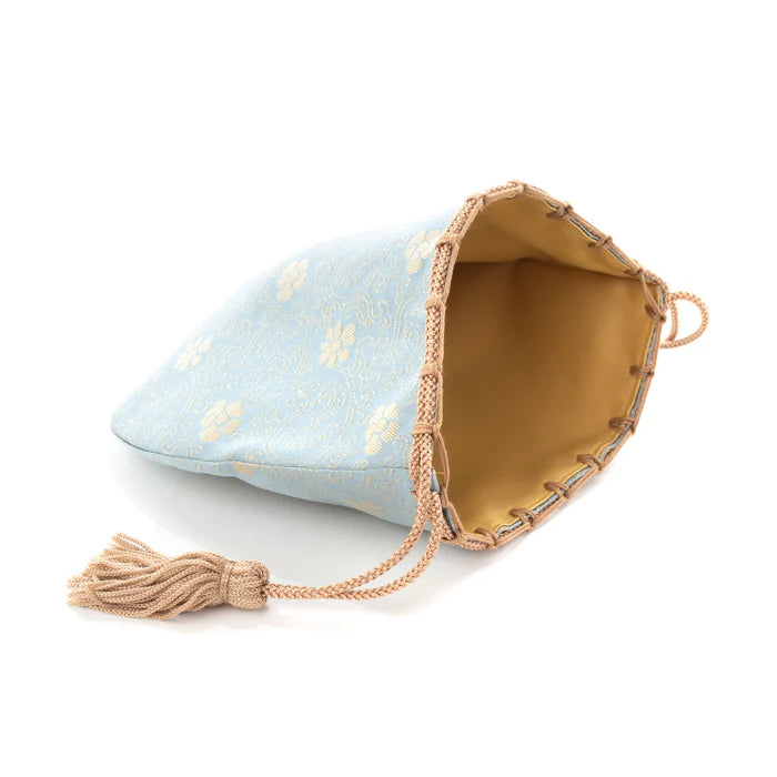 Nishijin Ori Small Drawstring Bag - Chrysanthemum & Peony Floral Design in Blue | Handmade Kyoto Japanese Traditional Craft Purse | Perfect for Gift, Cosmetics & Jewelry Storage