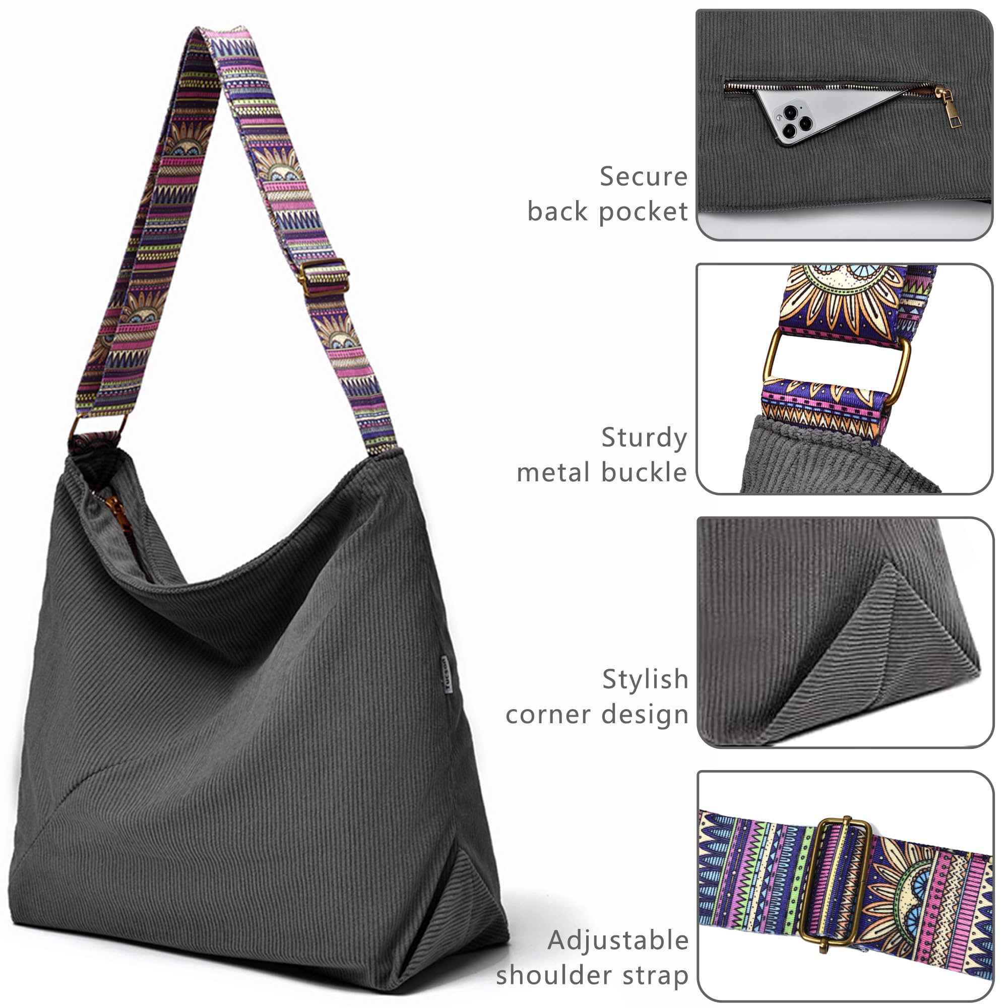 Women's Corduroy Hobo Bag - Large Crossbody Purse for Travel & Fashion