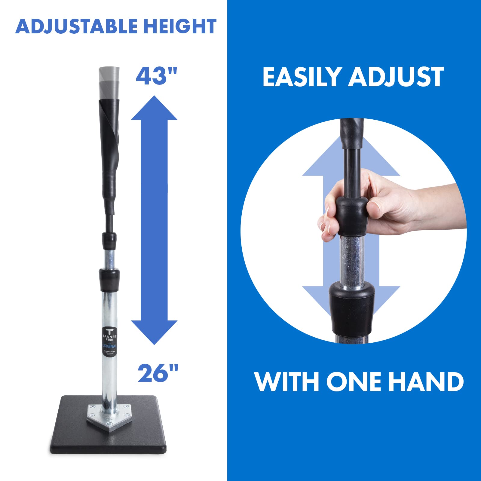 Tanner Tee - Original Professional Baseball & Softball Batting Tee for Adults | Weather-Resistant Composite Base, Hand-Rolled Flexible Rubber Ball Rest | Adjustable Height 26