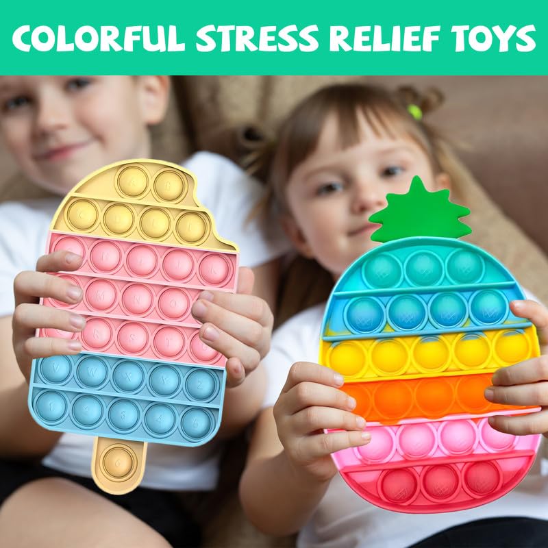 4 Pack Rainbow Push Bubble Fidget Sensory Toys for Kids - Ice Cream & Pineapple Squeeze Stress Relief Toys for ADHD, Autism, Anxiety - Perfect for Classroom, Travel & Calming Gifts for Girls & Boys