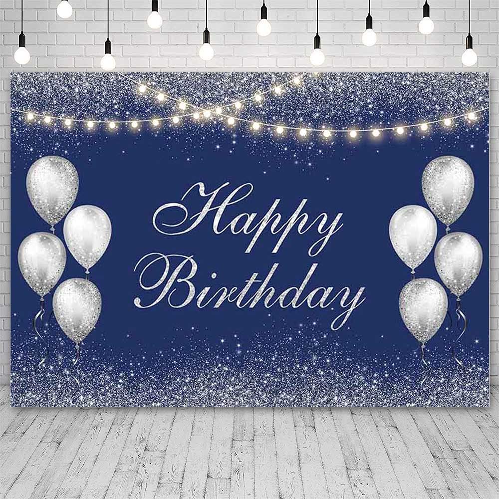 7x5ft Starry Blue Happy Birthday Backdrop for Men - Glitter Warm Lights & Silver Balloons Photo Background - Party Decorations, Cake Table Banner, Photo Booth Props - Perfect for Birthday Parties, Baby Showers & Special Events