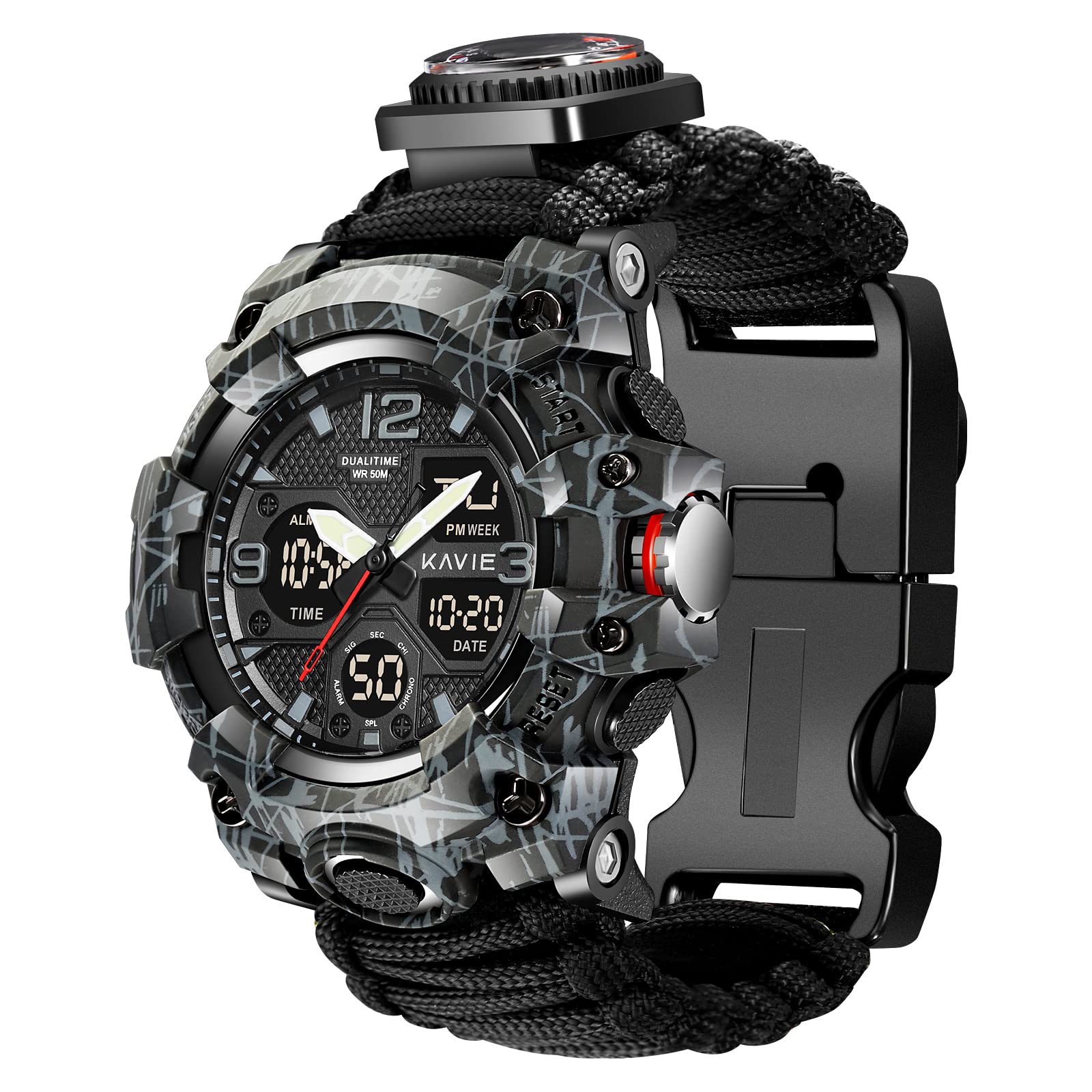 23-in-1 Survival Military Digital Watch for Men - Tactical Multi-Functional Outdoor Sports Watch with Compass, Paracord Band, Dual Dial & Waterproof Design - Perfect for Hiking, Camping, Hunting and Adventure Activities