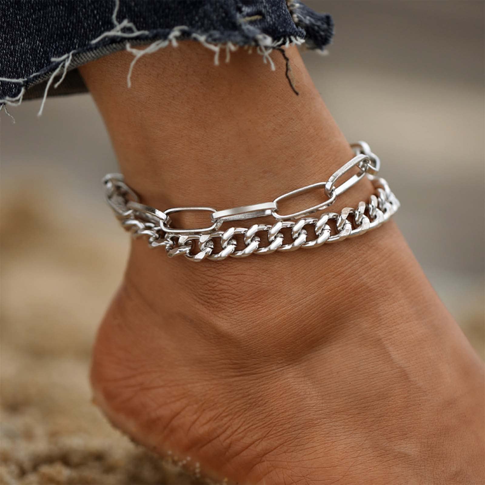 Silver Chunky Chain Ankle Bracelet for Women | Cuban Link & Paperclip Anklet | Minimalist Foot Jewelry for Teen Girls | Beach, Summer & Barefoot Sandals Accessory