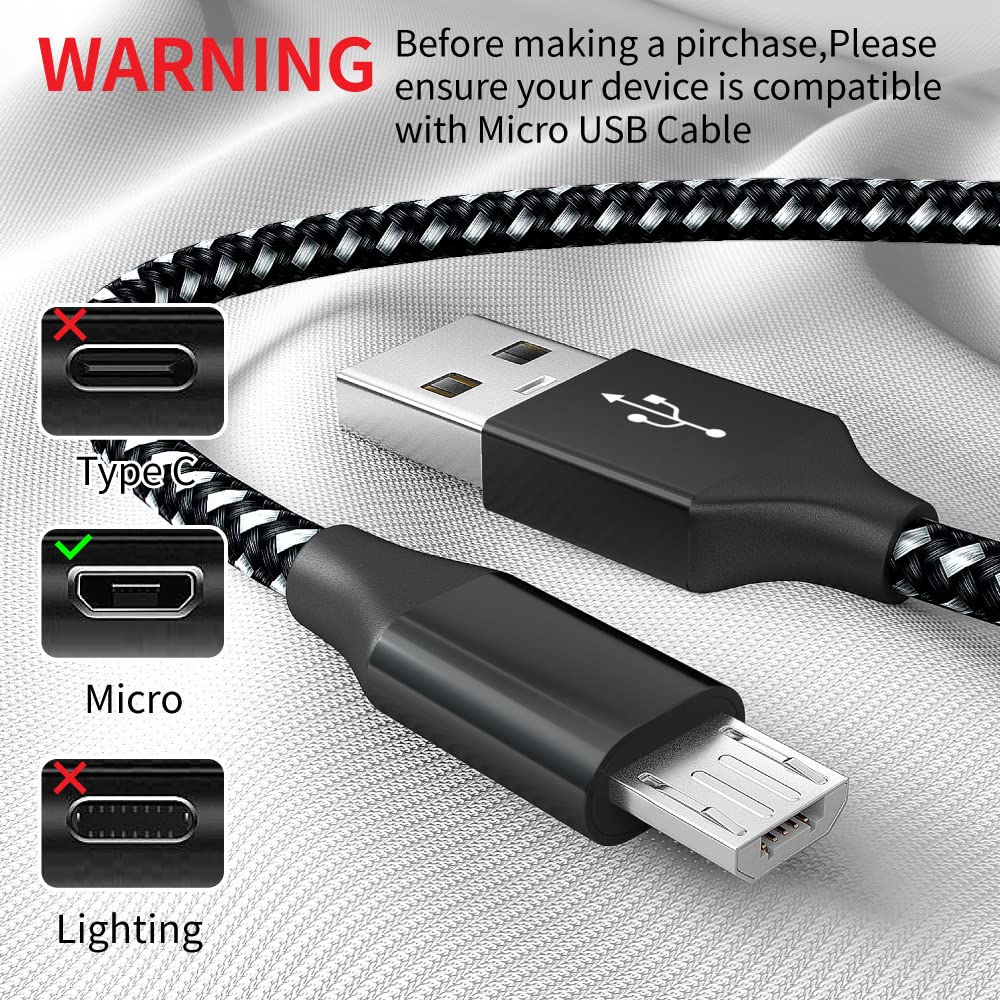 Durable 10ft PS4 Controller Charger Cable (2-Pack) - Nylon Braided Micro USB 2.0 Fast Charging & Data Sync Cord for PlayStation 4/PS4 Slim/Pro, Xbox One S/X, Android Phones - Blue & White - Perfect for Gaming Sessions & Device Charging