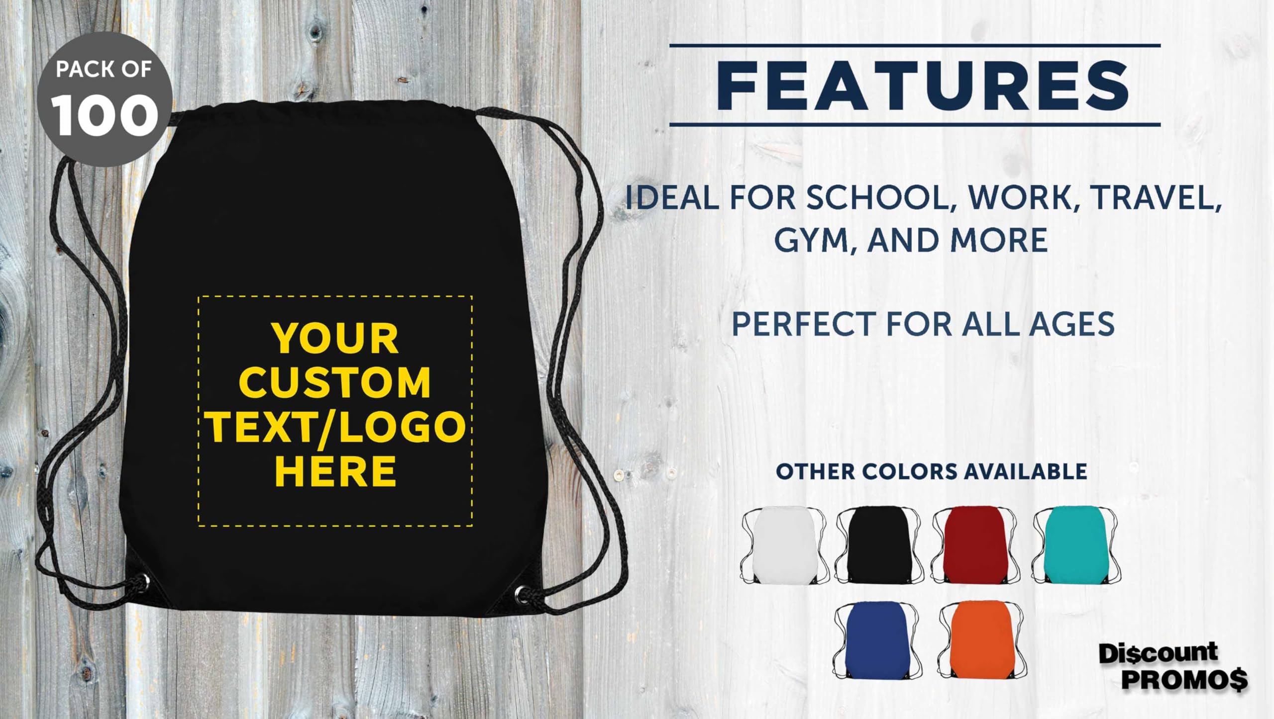 Custom Drawstring Backpack with Black Trim - 100 Pack Bulk Order - Personalized Logo Gym Bag for Sports & Travel - Water Resistant Soccer Backpack for Shoes & Gear - Perfect for Team Events, School Activities & Outdoor Adventures