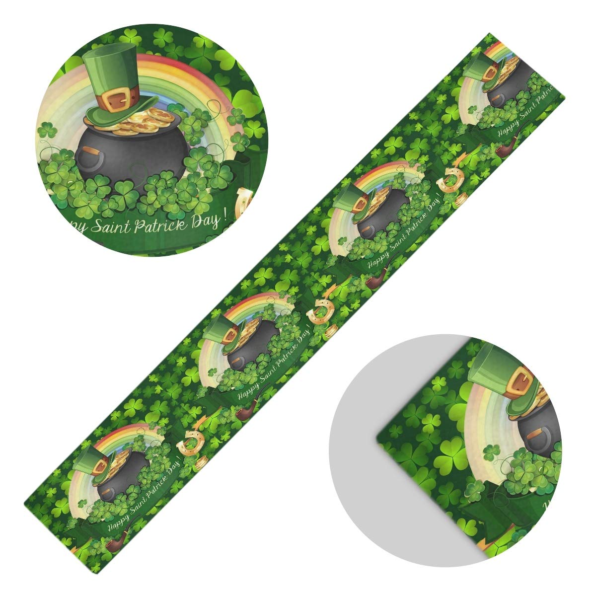 Golden Coin Pot Rainbow Clover Table Runner 13x90 Inches - Double Sided Green Shamrock Leaves & Horseshoe Design - Washable Kitchen Dining Fabric for St. Patrick's Day Decor, Holiday Parties & Irish-Themed Events