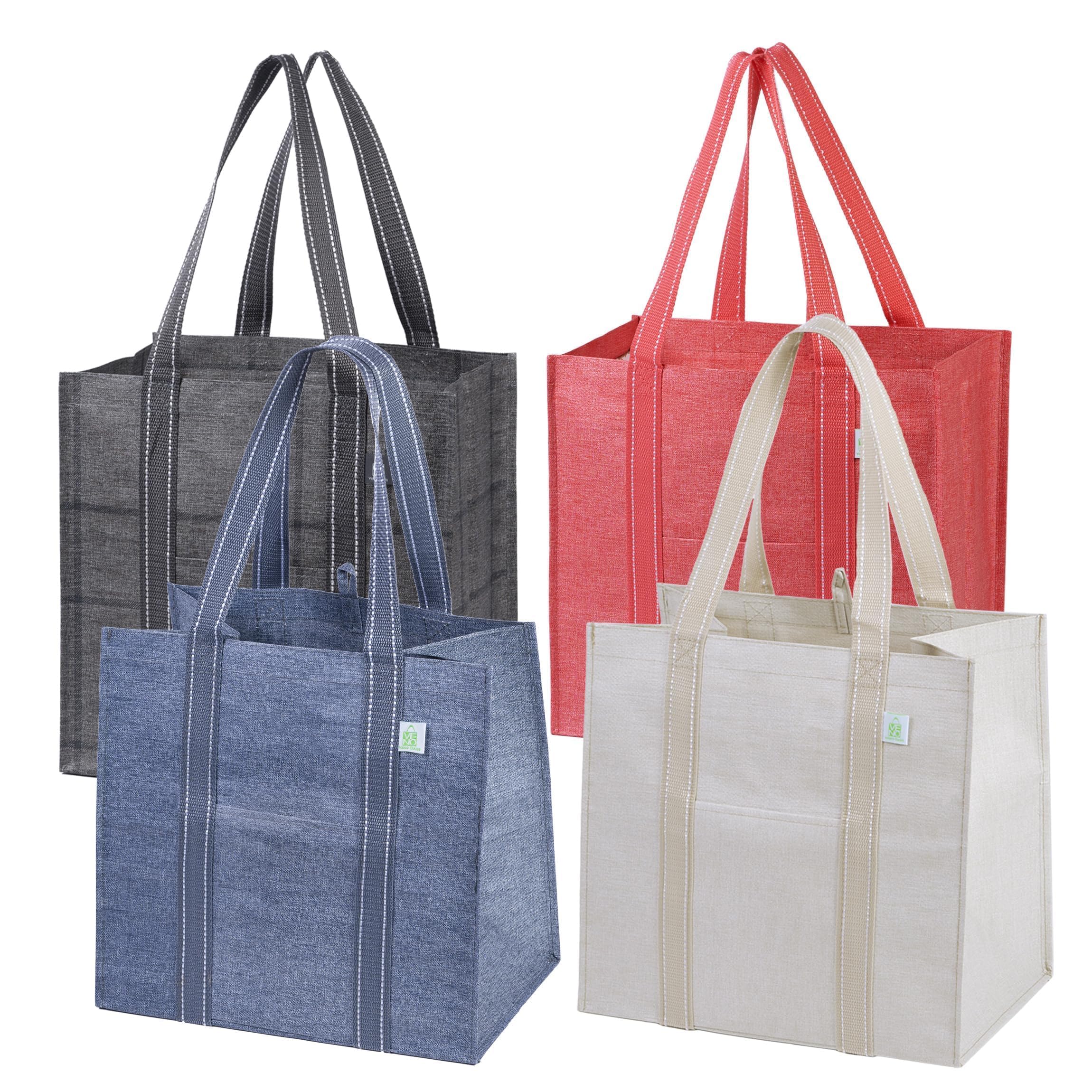 VENO 4 Pack Heavy Duty Reusable Grocery Bags with Hard Bottom - Foldable Shopping Bags for Supermarket, Farmers Market & Grocery Store - Eco-Friendly Tote Bags for Fruits, Vegetables & Bulk Shopping (Random Colors)