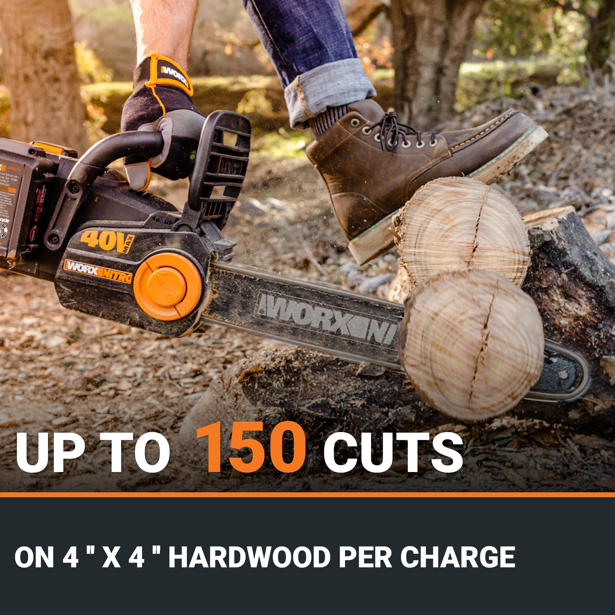 Worx Nitro 40V 16-Inch Cordless Brushless Chainsaw with 4.0Ah Battery - WG385.9 - Perfect for Tree Trimming, Firewood Cutting, and Yard Maintenance
