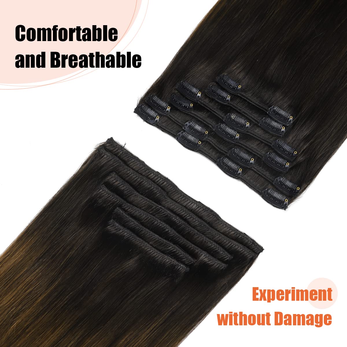 XD Clip in Hair Extensions 18 Inch - 120g 6Pcs Real Human Hair Ombre (Natural Black to Medium Brown) with Soft Thick Ends | Perfect for Volume, Length & Styling for Parties, Weddings & Daily Wear
