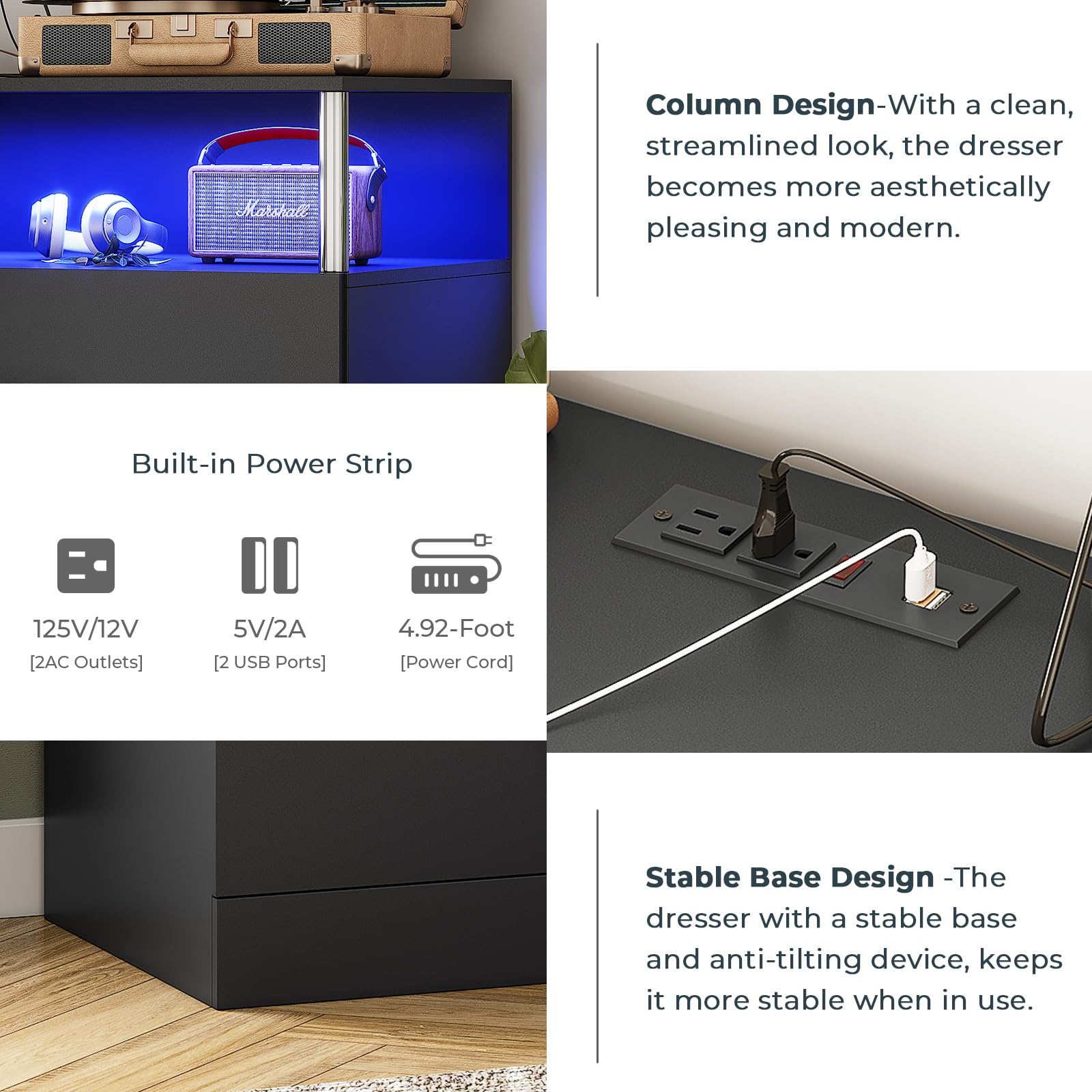 Modern 4-Drawer Tall Black Dresser with Charging Station & Column Design - LED Bedroom Dresser for Closet Organization | Perfect for Small Spaces, Guest Rooms & Master Bedroom Storage