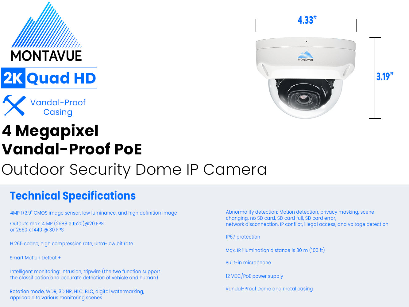 4MP 2K IK10 Vandal-Proof Dome Security Camera with SMD+ | Outdoor/Indoor Surveillance, Home & Business Protection, Night Vision Monitoring