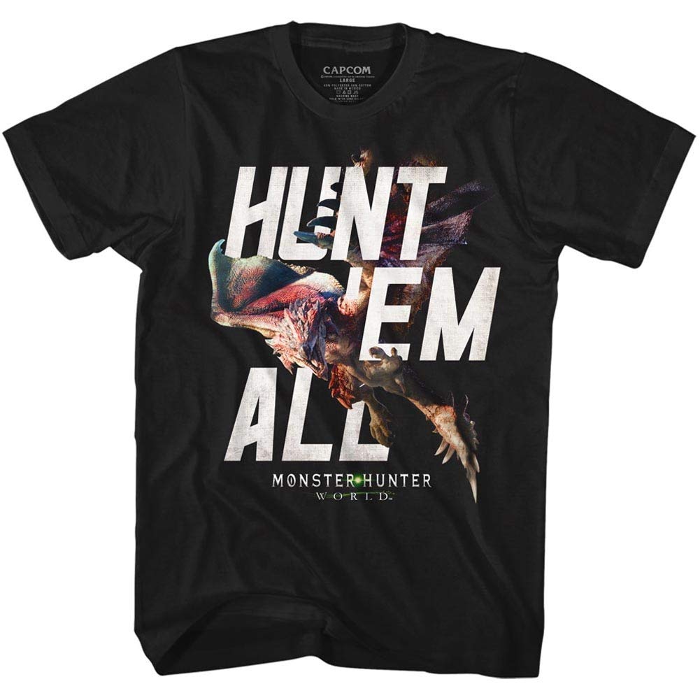 Monster Hunter Hunt Em All Black Adult T-Shirt - Cool Gaming Graphic Tee for Men - Perfect for Cosplay, Gaming Conventions & Casual Wear