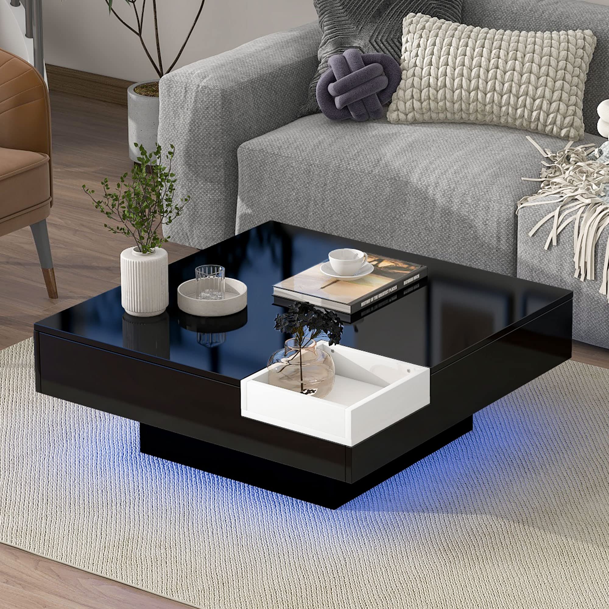 Modern Square Black LED Coffee Table with Detachable Tray - 16 Color RGB Lighting & Remote Control - Cocktail Table, Center Table for Living Room, Bedroom & Lounge Entertainment Spaces