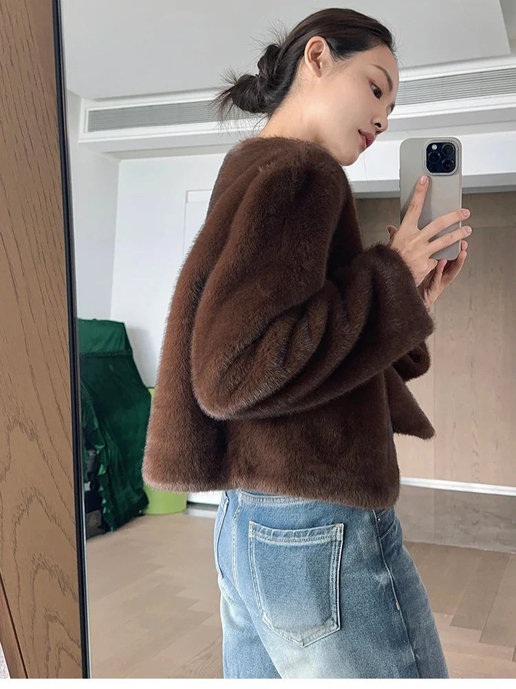 Luxury Soft Thick Warm Brown Faux Mink Fur Coat for Women - Deep V Neck Long Sleeve Fluffy Jacket for Autumn & Winter 2024 | Perfect for Cold Weather, Parties & Fashion Outfits