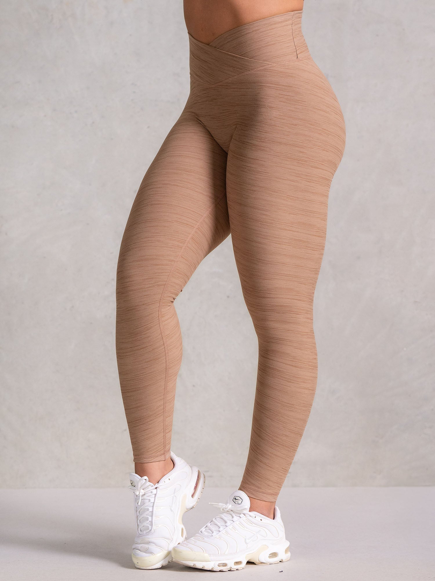 Icon Cross Over Scrunch Leggings for Women - High Waisted Tummy Control Yoga Pants in Mocha Marl - Perfect for Workouts, Yoga & Everyday Wear