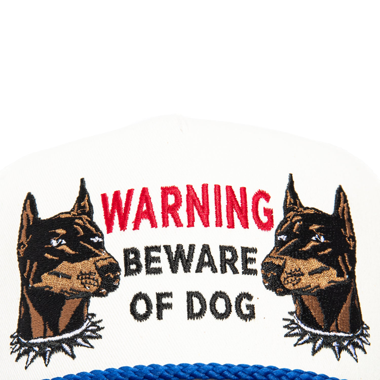 Field Grade Beware of Dog Snapback Trucker Hat - White & Royal Blue - Perfect for Dog Owners, Security Guards & Outdoor Enthusiasts