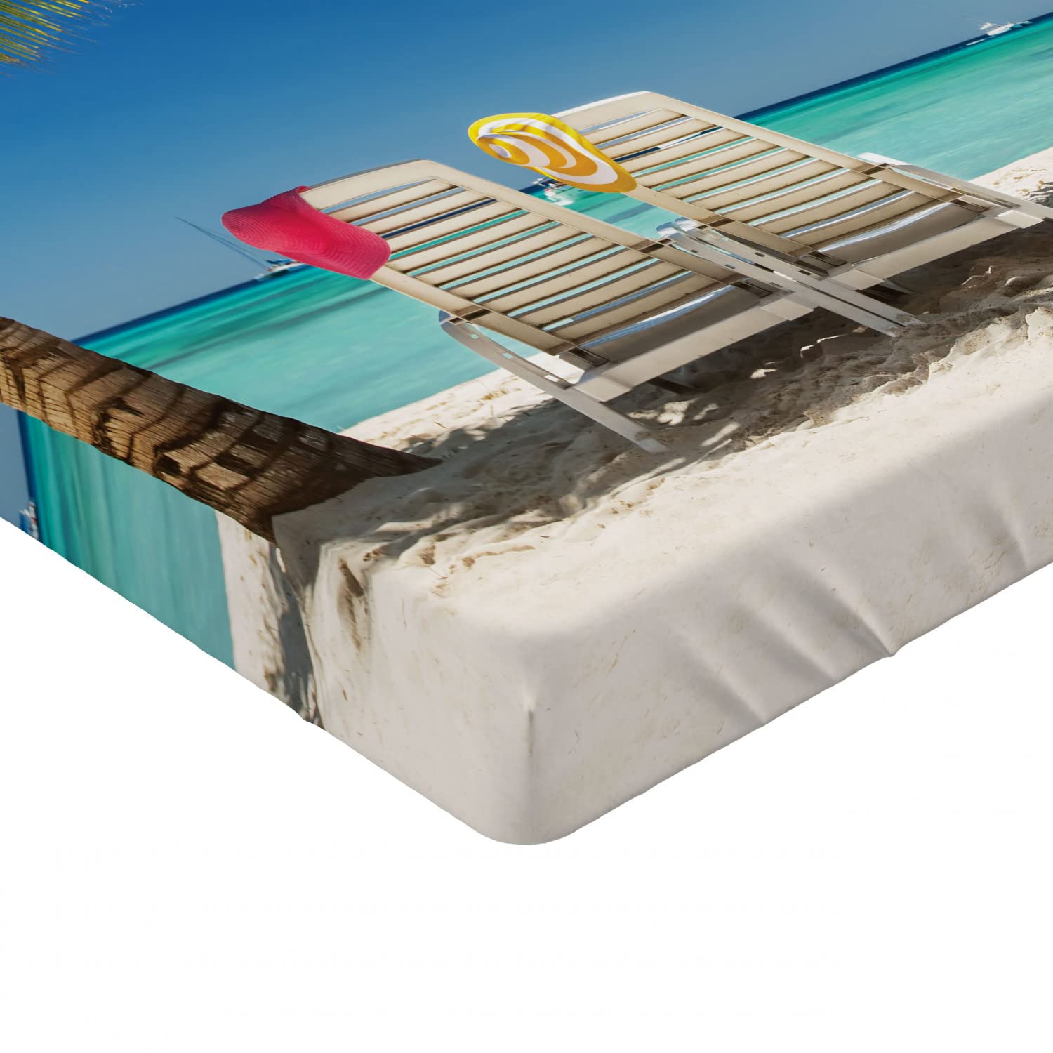Ambesonne Seaside Fitted Sheet - Queen Size Green Blue Beach Palm Tree Design with Deep Pocket Elastic, Soft Bed Cover for Vacation Style Bedroom Decor | Perfect for Coastal Themed Rooms, Guest Bedrooms & Beach House Retreats