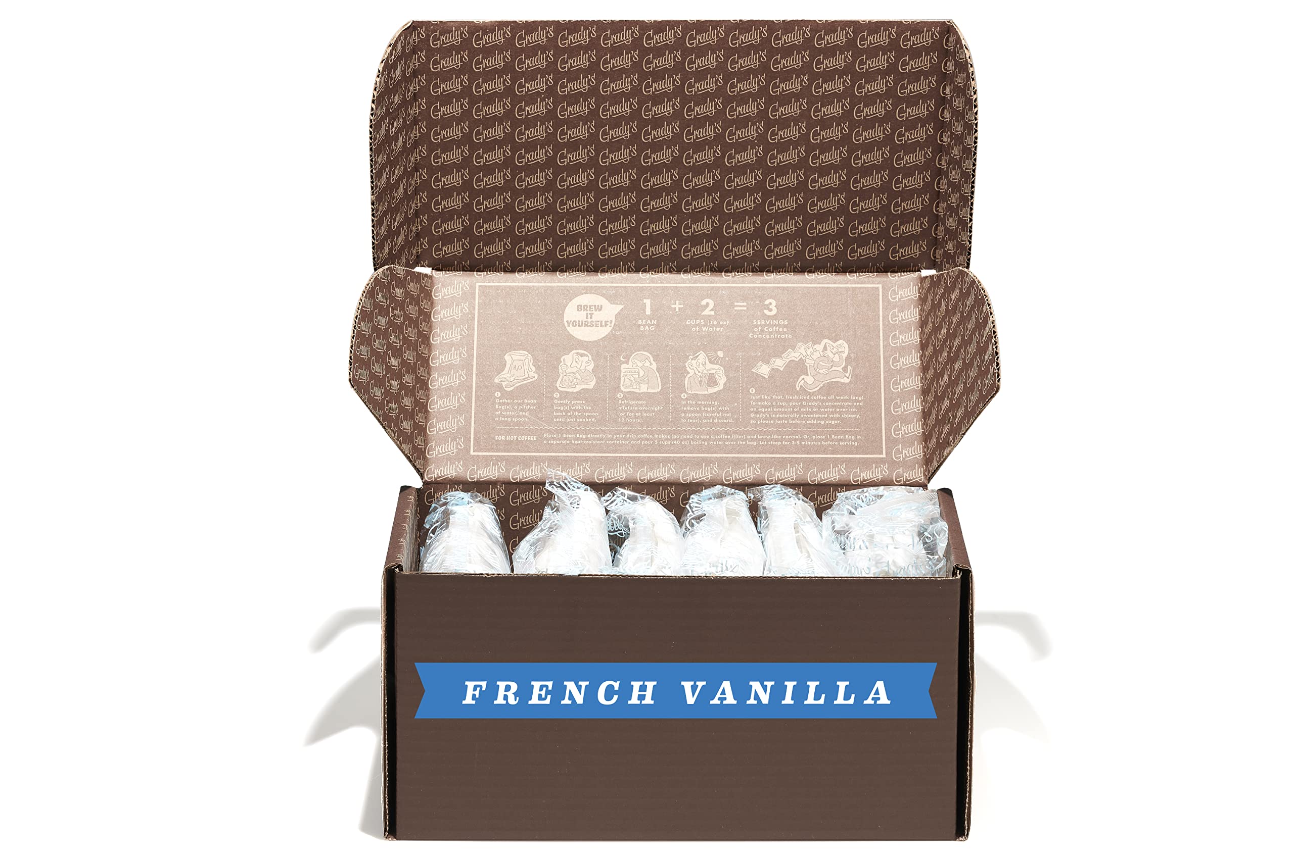 GRADY'S COLD BREW Coffee Pouches - Premium French Vanilla Flavored 100% Arabica Ground Coffee with Chicory | 6 Packs of 4 Easy Brew Coffee Bags (Makes 72 Servings) | Perfect for Iced Coffee, Office Break, Camping & Home Brewing