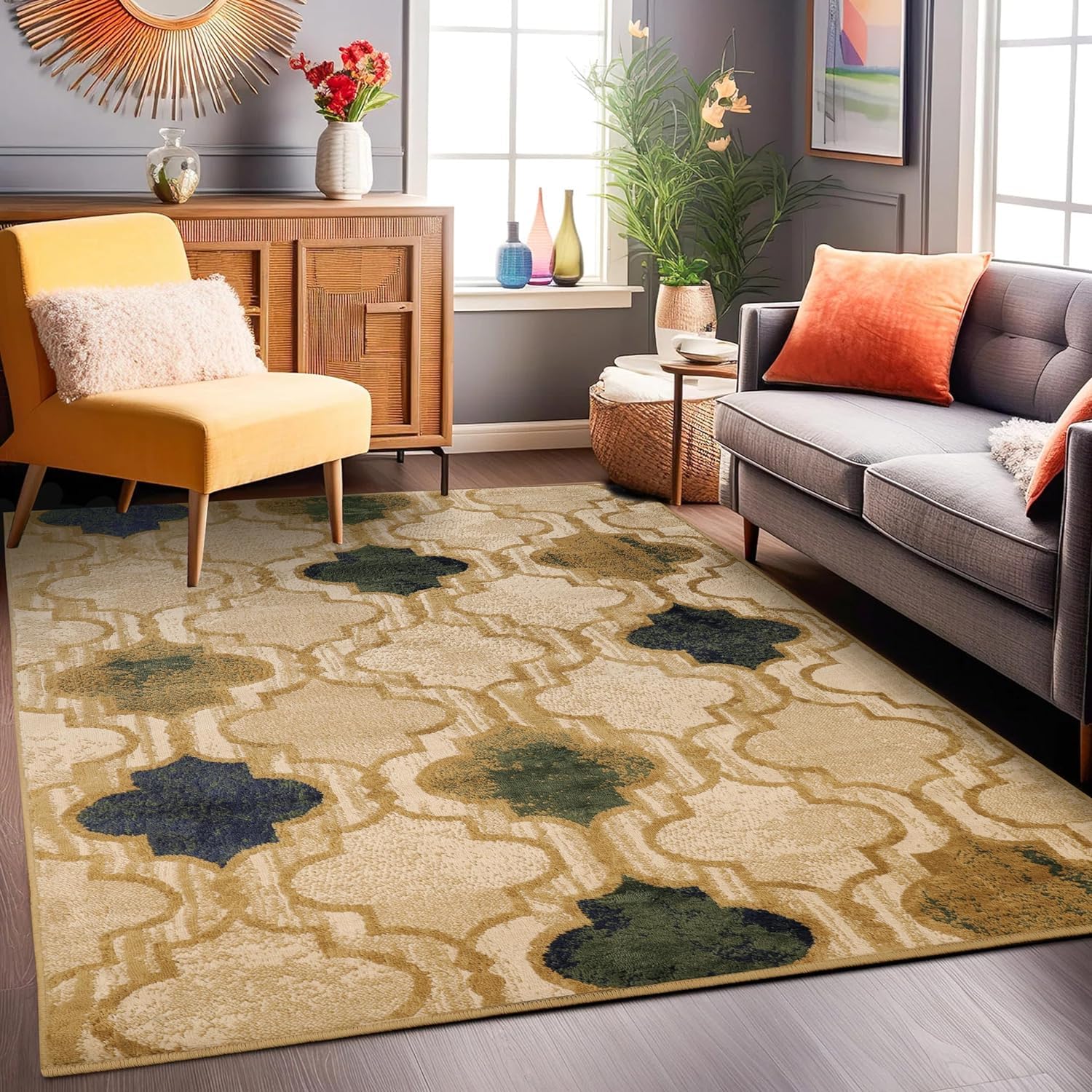 Premium Witland Modern Trellis Indoor Rug with Jute Backing - Vintage Tribal Design for Bedroom, Living Room, Office, Entryway - Viking Collection 8'x10' Cream Area Rug - Perfect for Boho Decor, Cozy Home & Scandinavian Style Interiors