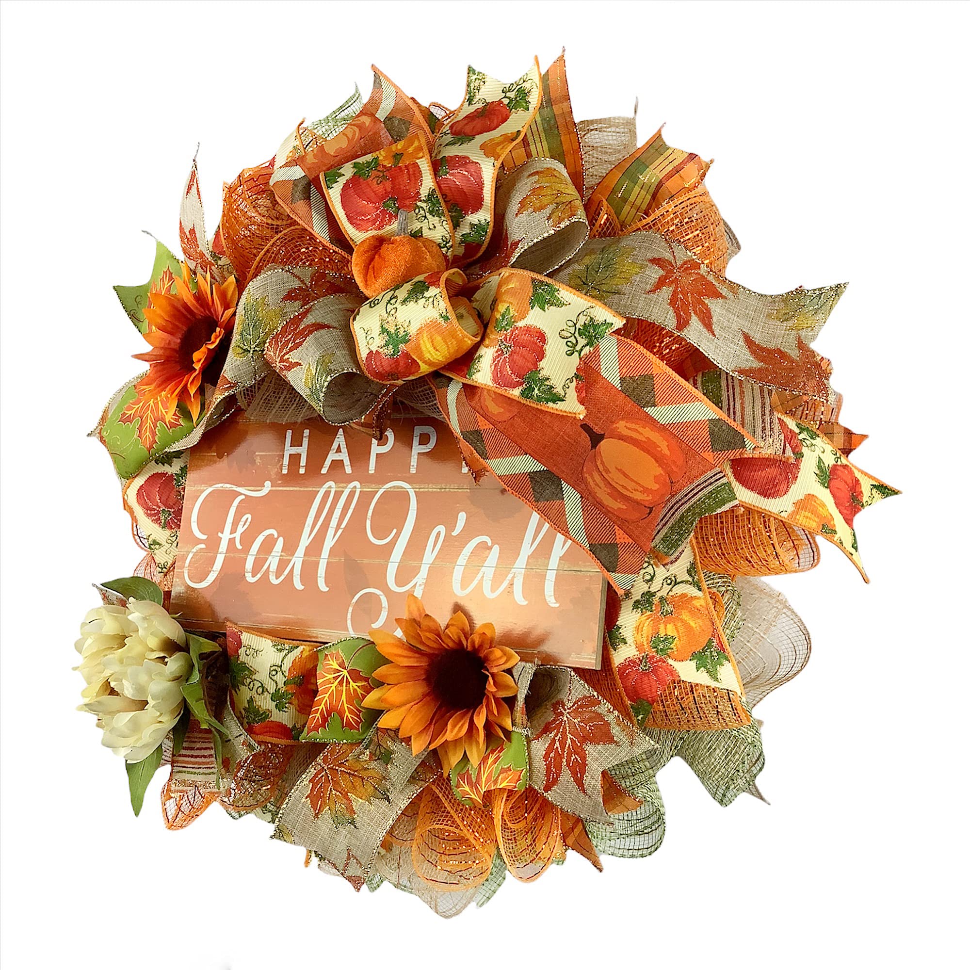 Handmade Happy Fall Y’all Autumn Wreath with Sunflowers, Mums & Bow - Rustic Front Door Decor for Porch, Thanksgiving & Seasonal Home Decoration