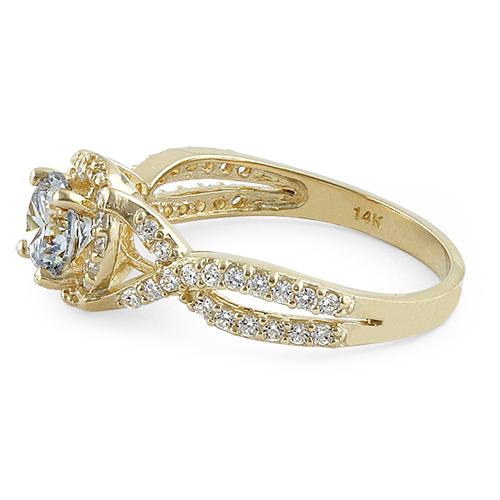 14K Yellow Gold Twist Round Halo Engagement Ring with Clear CZ Stones - Perfect for Proposals, Anniversaries & Bridal Jewelry