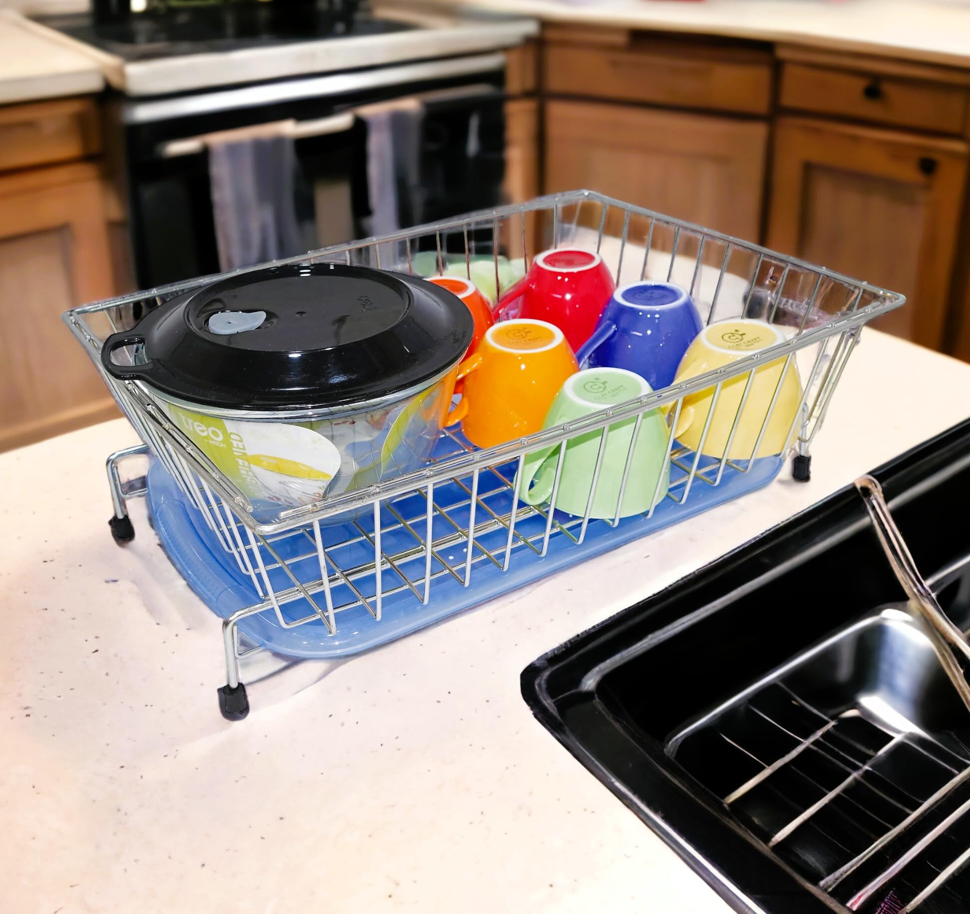 Amol® Premium Stainless Steel Kitchen Basket with Drain Tray - Dish Drainer & Utensil Organizer | Rustproof Kitchen Drying Rack for Sink Counter | Perfect for Dishwashing, Drying, and Kitchen Storage (Silver)