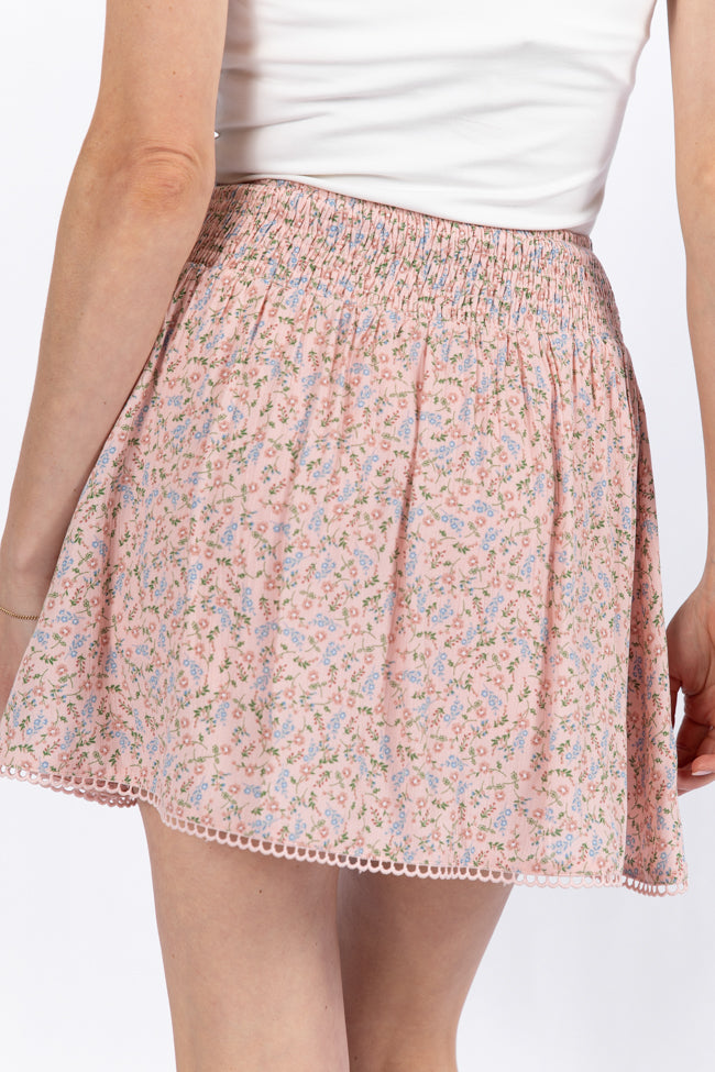 Through The Garden Pink Multi Floral Eyelet Trim Mini Skort - Women's Floral Skirt Shorts for Summer, Casual Outfits & Outdoor Activities