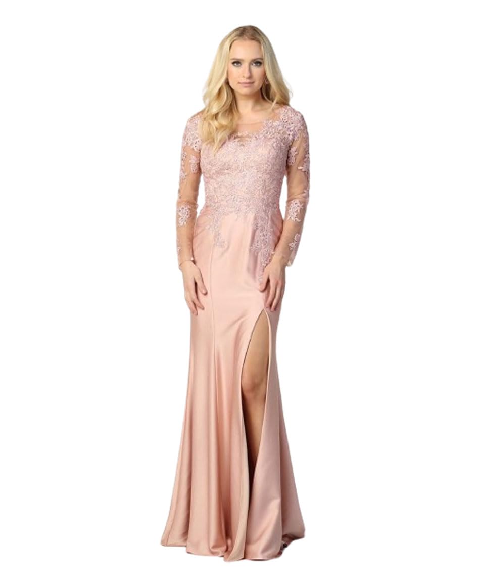 Elegant Embroidered Long Sleeve Evening Gown for Women - High Slit Mother of The Bride Dress - Perfect for Weddings, Galas, and Formal Occasions