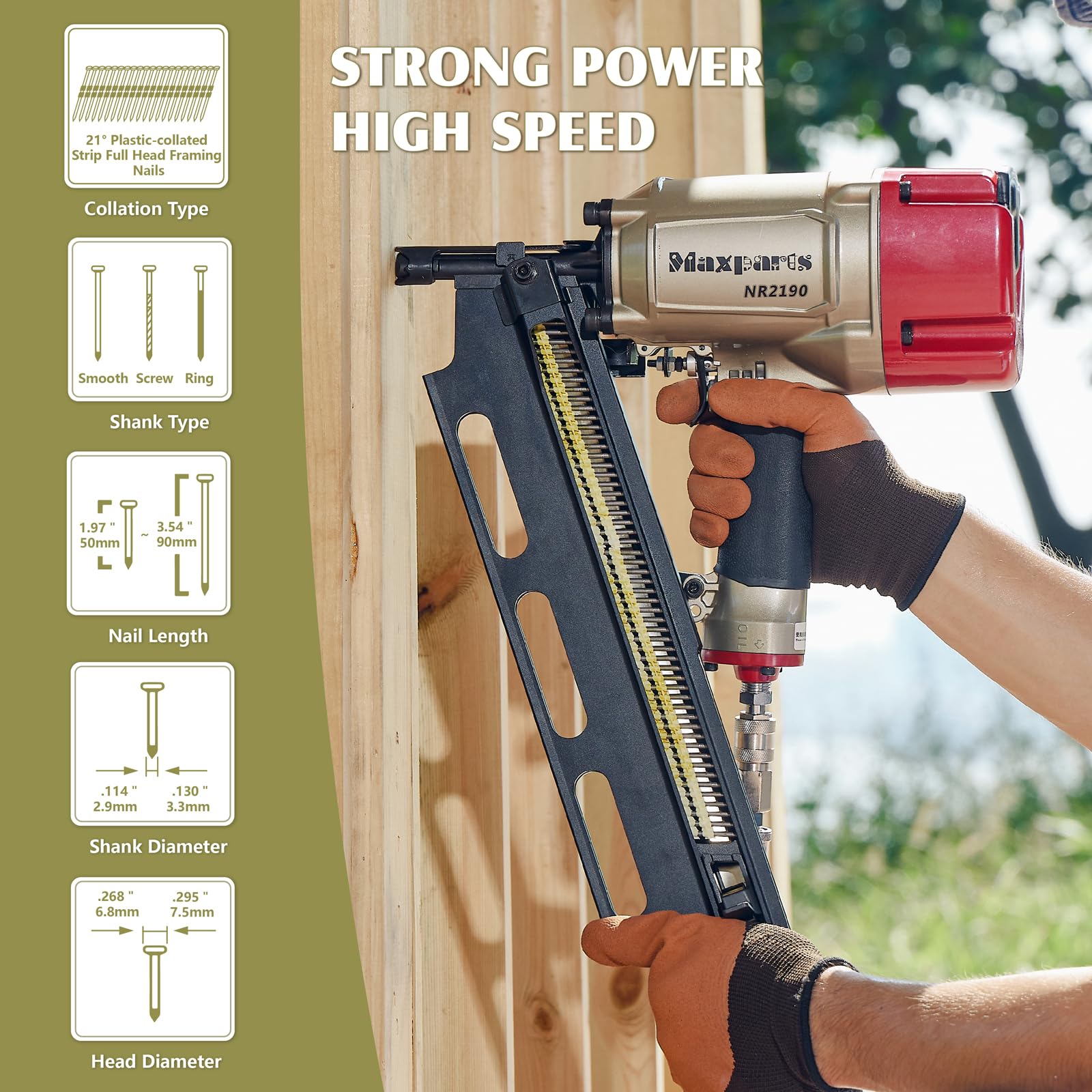 Maxparts NR2190 21° Framing Nail Gun - Heavy Duty Pneumatic Nailer for 2