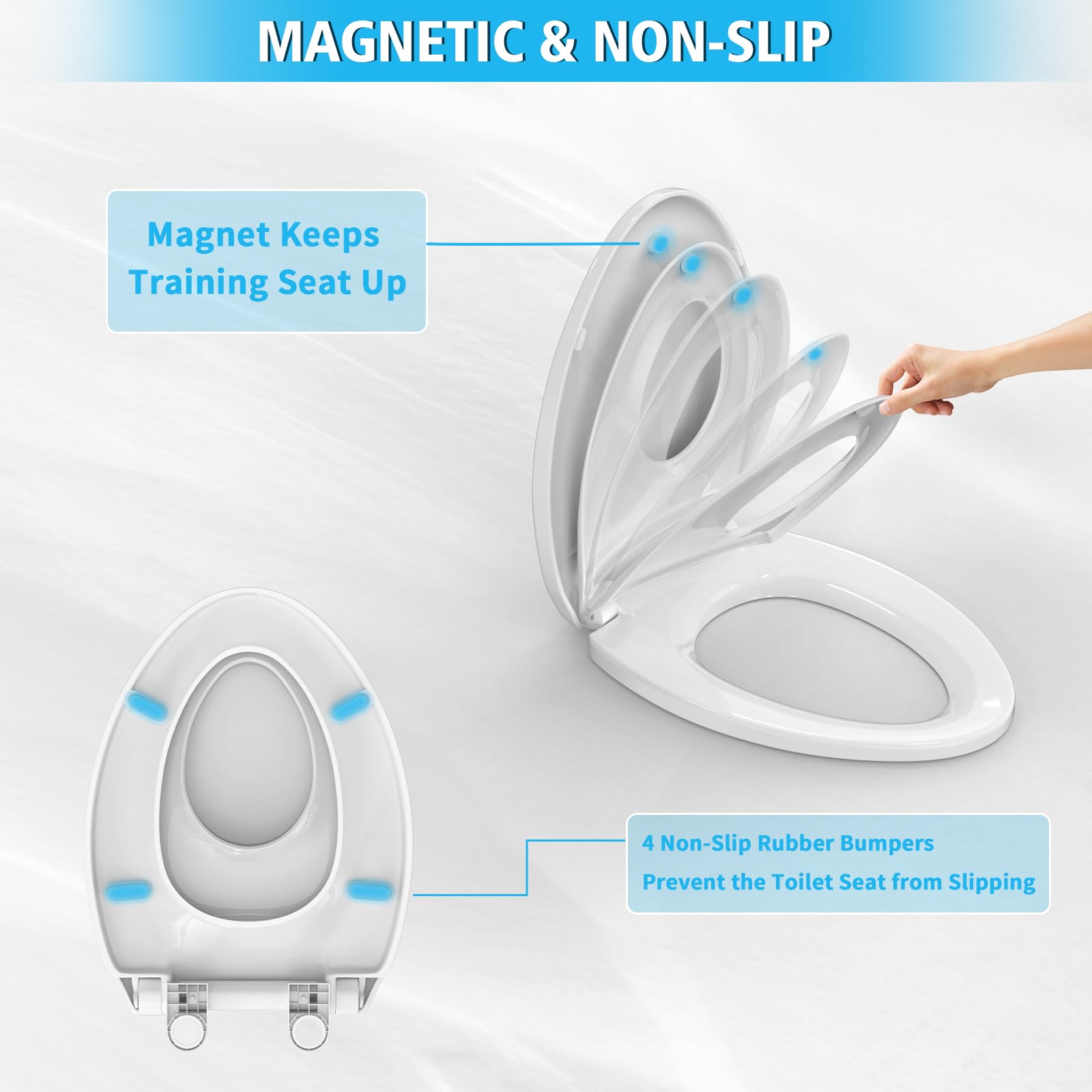 MUNNAR CR107 Slow Close Elongated Toilet Seat with Built-in Toddler Seat - Potty Training Toilet Seat with Magnet for Easy Cleaning - Fits Adults & Children - White 18.5