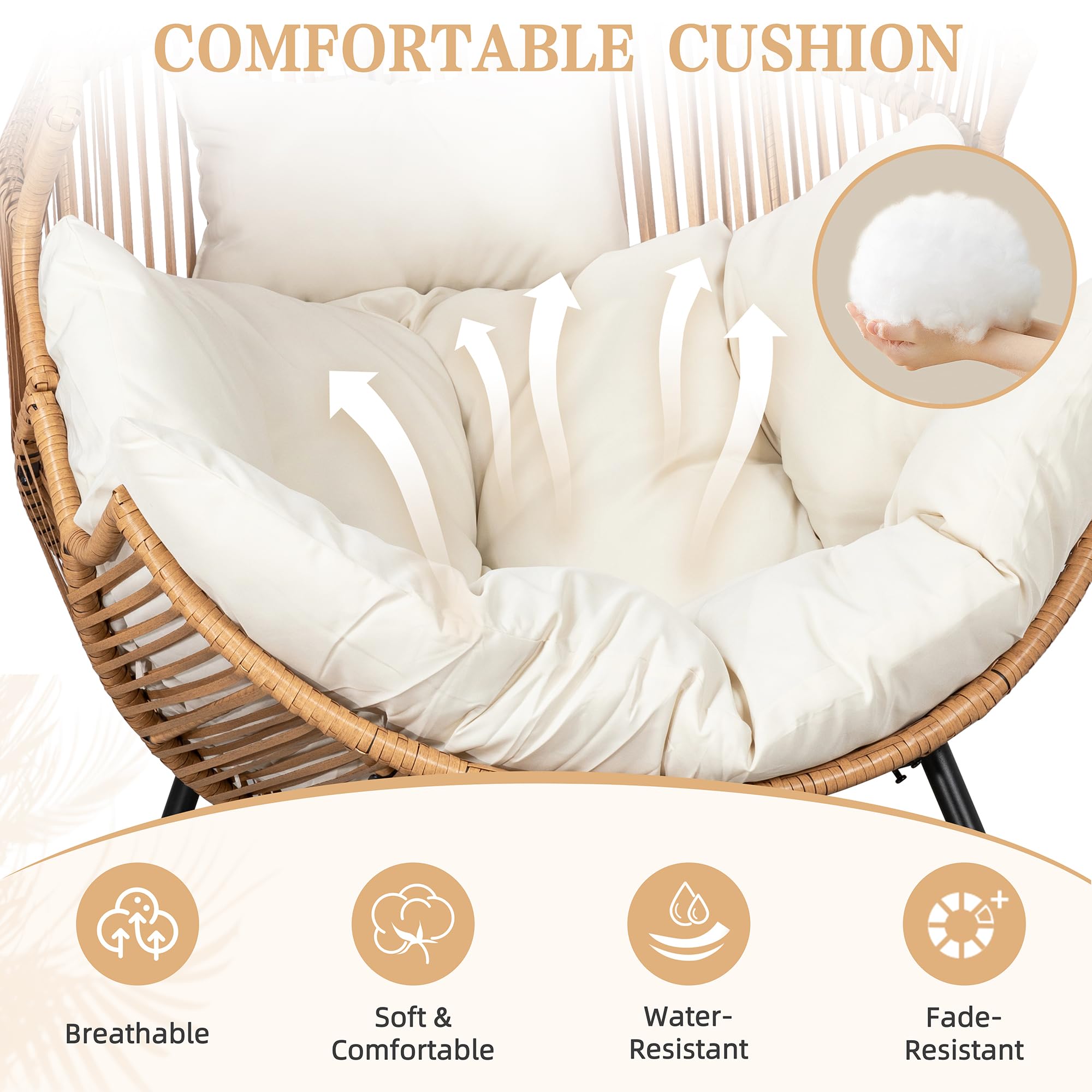 Vongrasig Wicker Egg Chair - PE Rattan Rocking Chair with Cushion, Oversized Patio Lounge Rocker for Outdoor & Indoor Use - Perfect for Balcony, Backyard, Garden, Porch, or Poolside Relaxation - Beige
