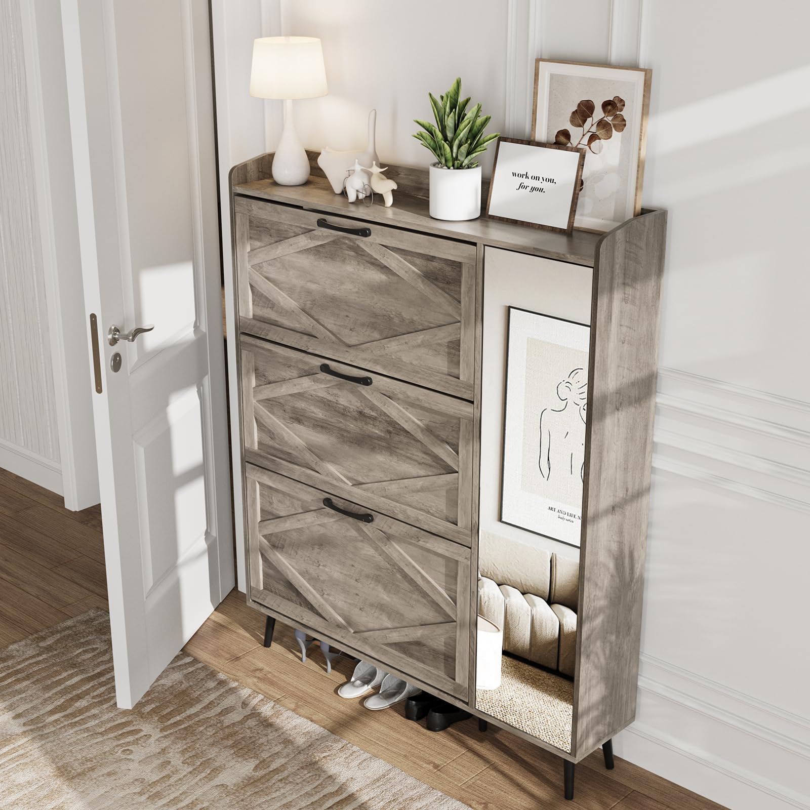 Maupvit 3-Drawer Shoe Cabinet with Mirror - Slim Shoe Organizer for Entryway & Hallway