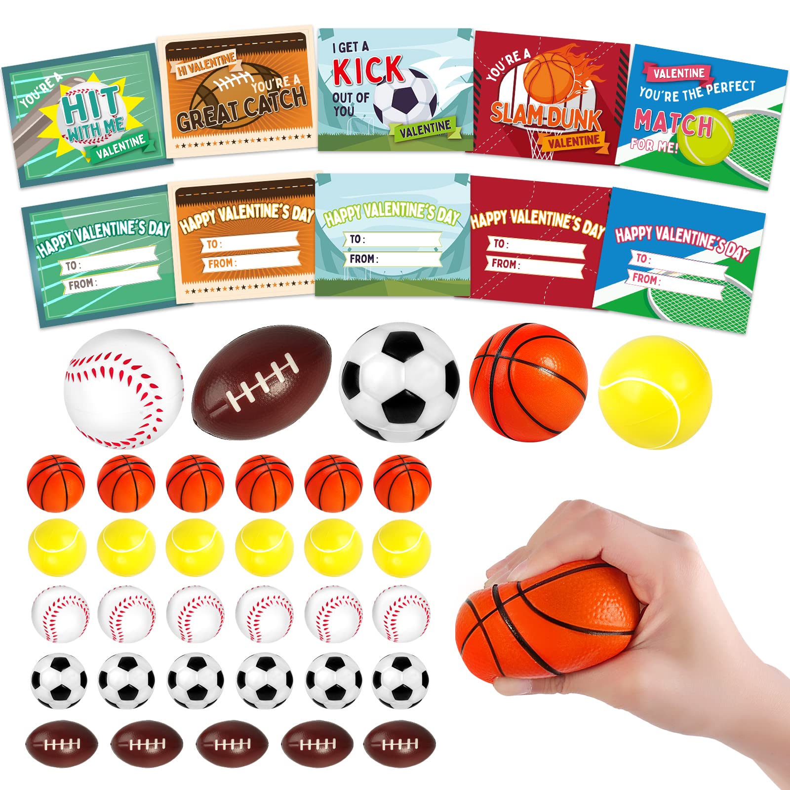 30 Pack Valentine's Day Cards for Kids with Mini Squeeze Foam Sports Balls - Classroom Valentine's Gifts Exchange, Party Favors & Prizes for School Kids - Perfect for Valentine's Day Celebrations, Classroom Activities & Party Games