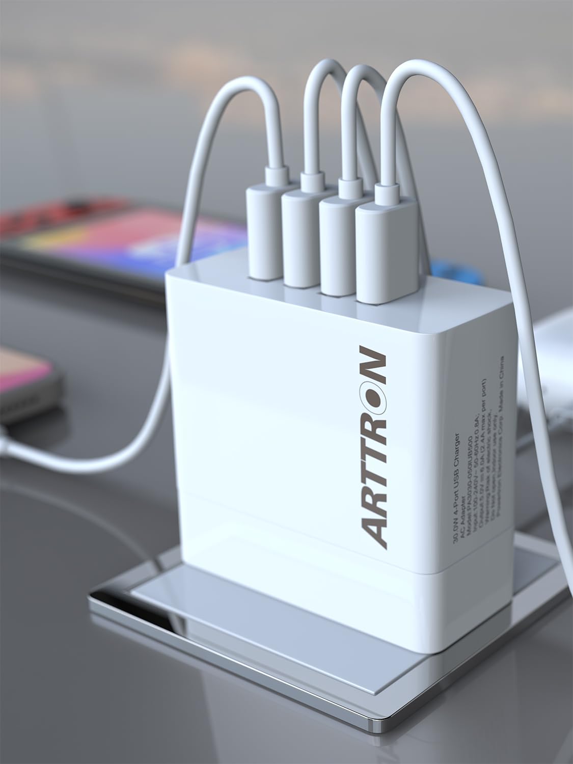 30W 4-Port USB Wall Charger Fast Charging Adapter - Arttron Compact Foldable Plug Multi-Port Charger for iPhone 15/14/13, iPad, Samsung Galaxy, Tablets & Smartphones - Perfect for Home, Office & Travel Use