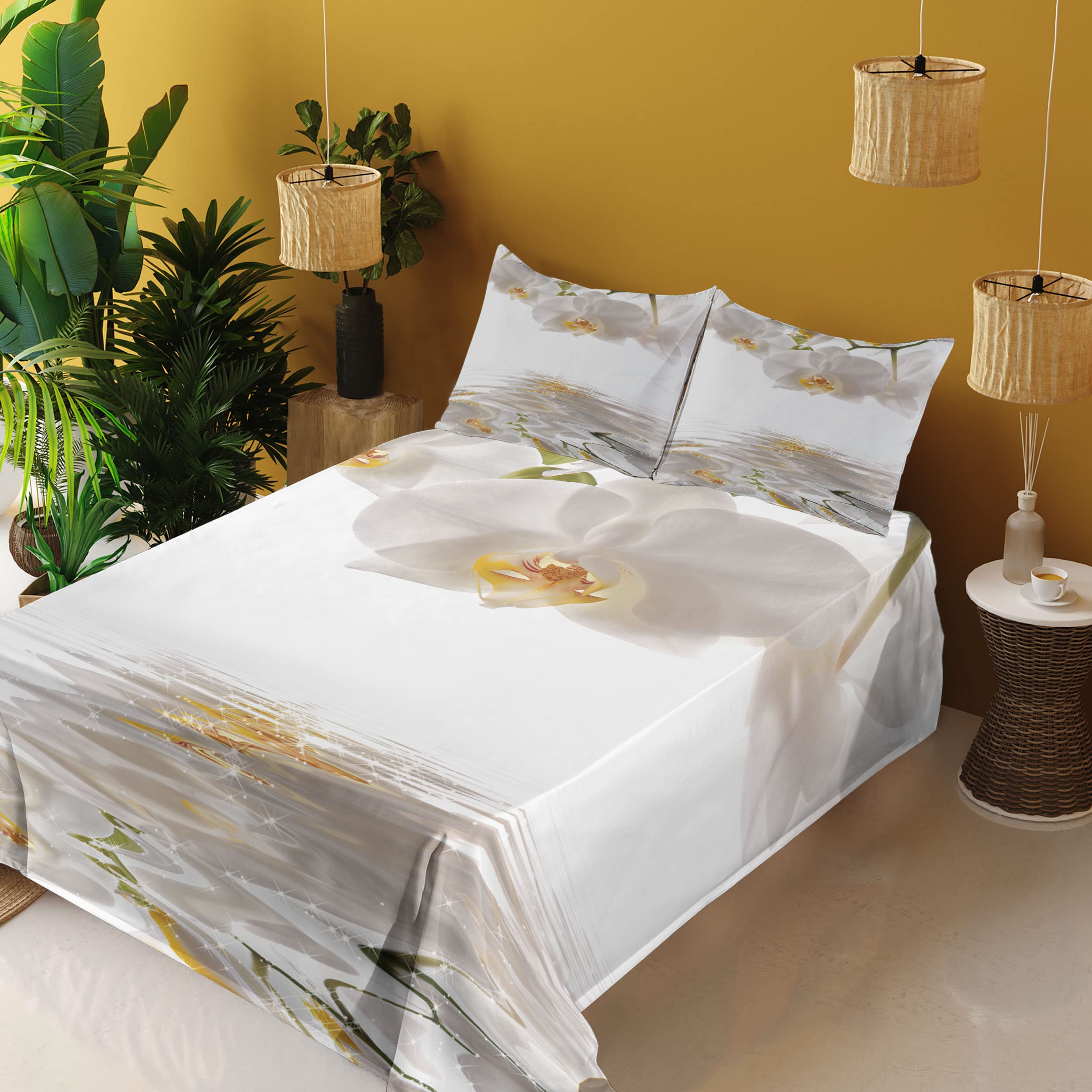 Ambesonne Floral Bedding Set - Romantic Orchid Branch on Water Print 4-Piece King Size Sheet Set with Fitted Sheet, Flat Sheet & Pillowcases (Off-White & Orange) | Perfect for Master Bedroom, Guest Room & Vacation Homes