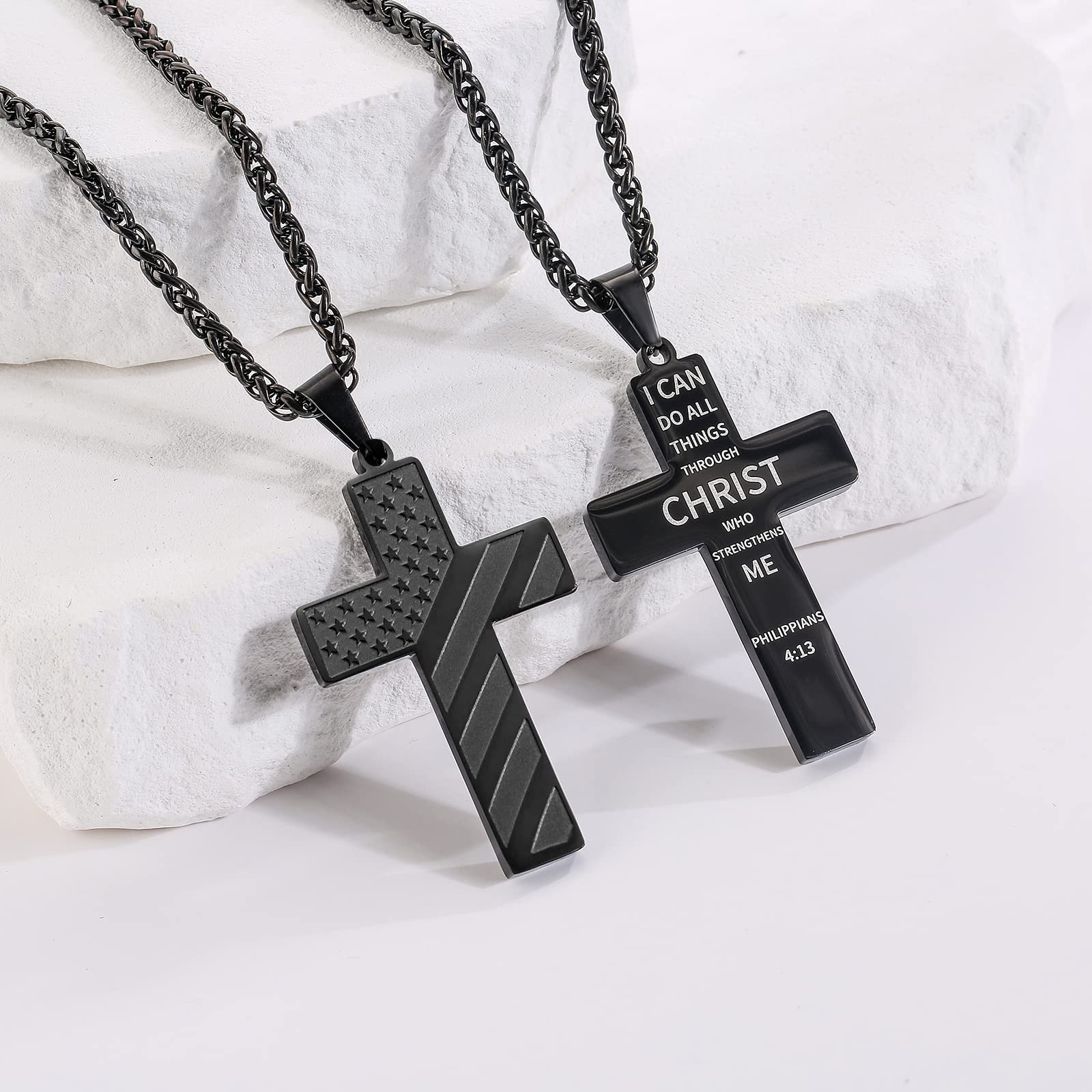 18+2 Inch Stainless Steel Cross Necklace with Bible Verse & American Flag Pendant - Religious Jewelry Gift for Men, Boys, Teens | Perfect for Easter, Graduation, Baptism & Daily Wear