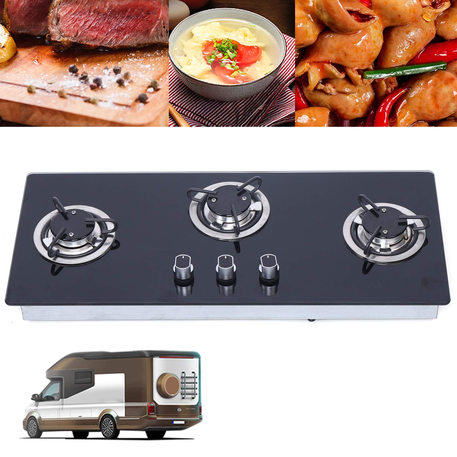 3 Burner LPG Gas Stove Hob - Black Tempered Glass RV Stove with 3D Air Intake Structure & Knob Control for RV, Boat, Caravan, Camper (Square) | Perfect for Outdoor Cooking, Camping Trips & Mobile Living