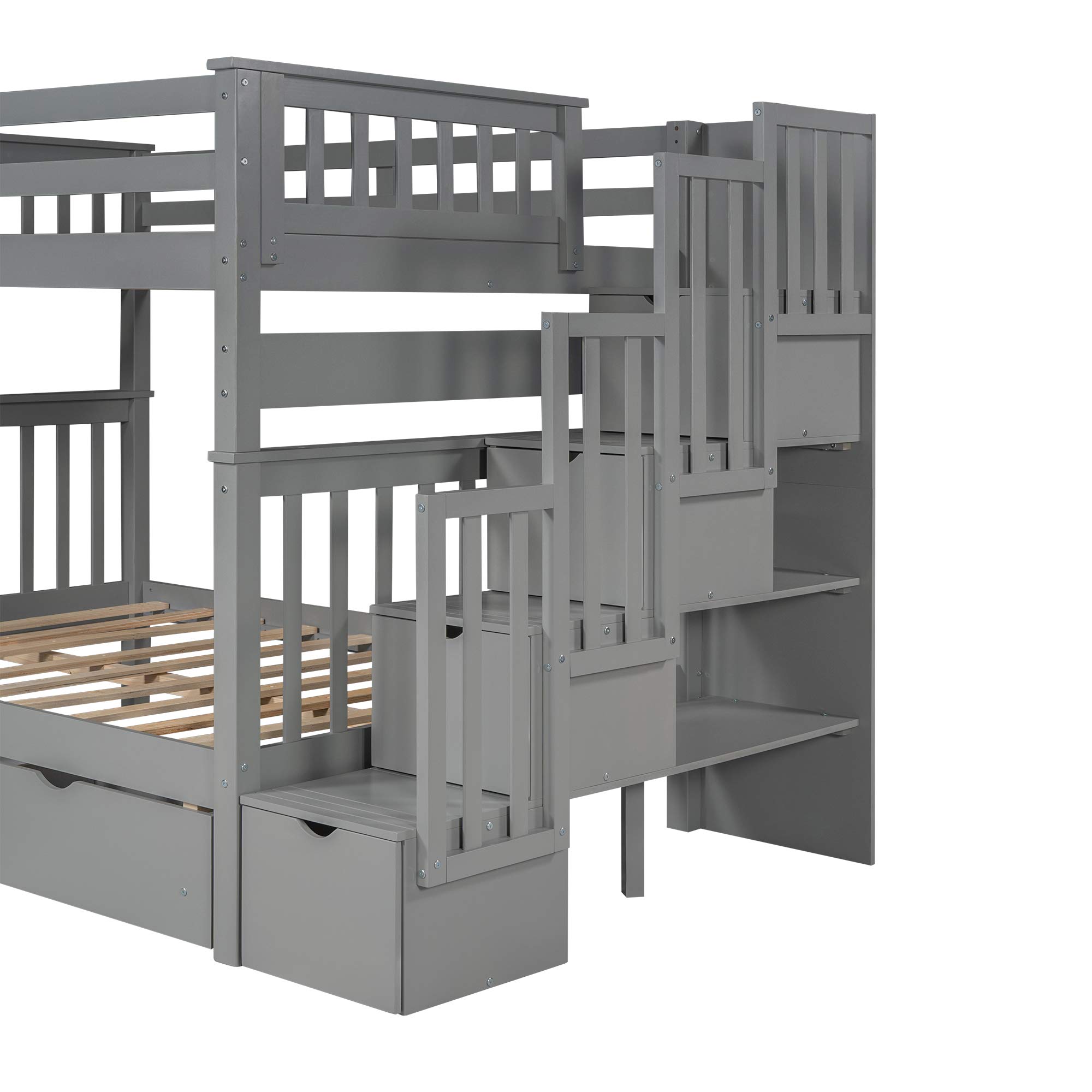 Harper & Bright Designs Full Over Full Bunk Bed with Shelves & 6 Drawers - Convertible Wood Bunk Bed Frame into 2 Separate Twin Beds (Grey) - Space-Saving Kids Bedroom Furniture for Small Rooms & Shared Spaces