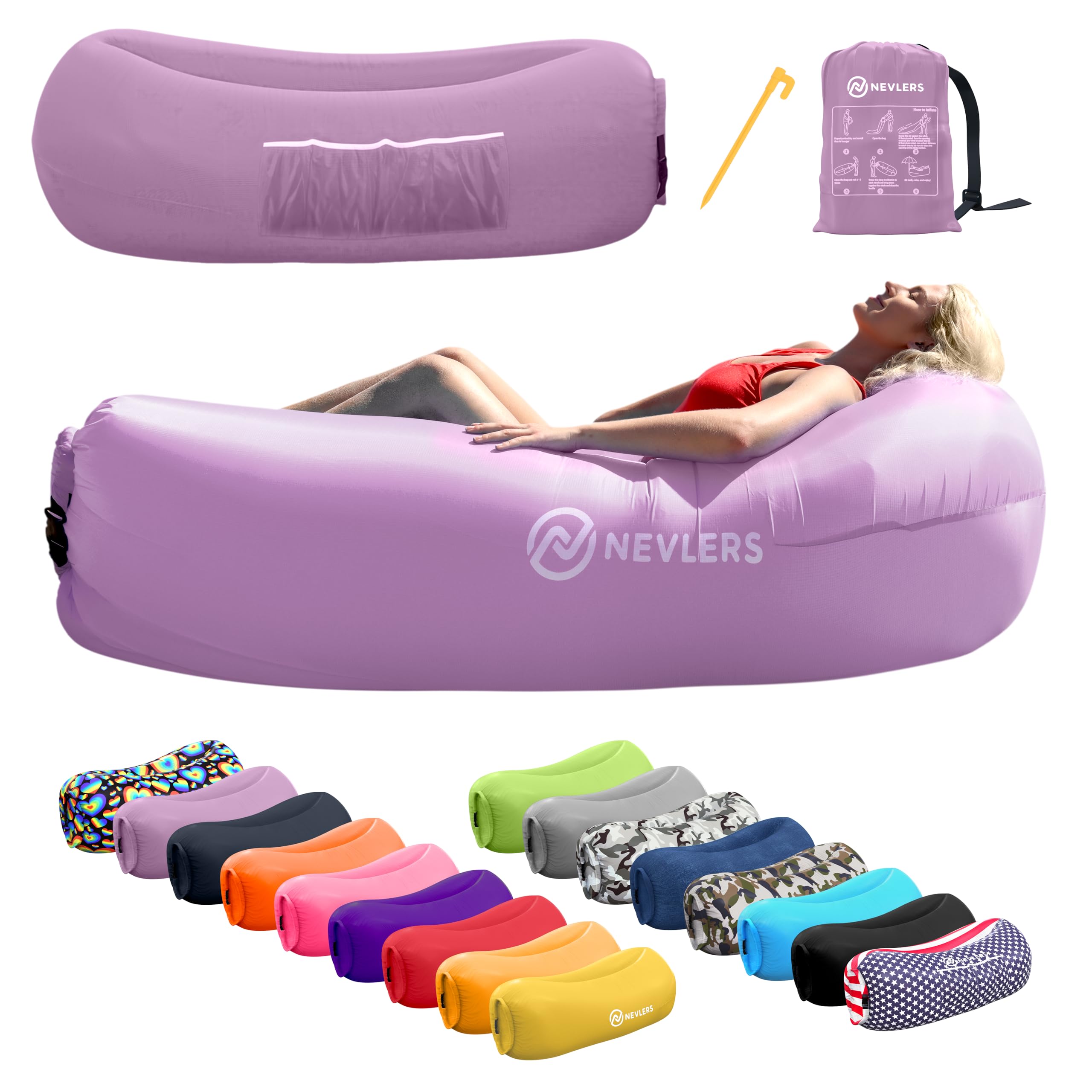 Nevlers Inflatable Lounger - 210T Polyester Portable Air Sofa Bed with 450 lbs Capacity | No Pump Blow Up Couch for Camping, Beach, Pool & Indoor Use | Includes Storage Pockets & Carry Bag | Perfect for Adults & Kids Outdoor Relaxation