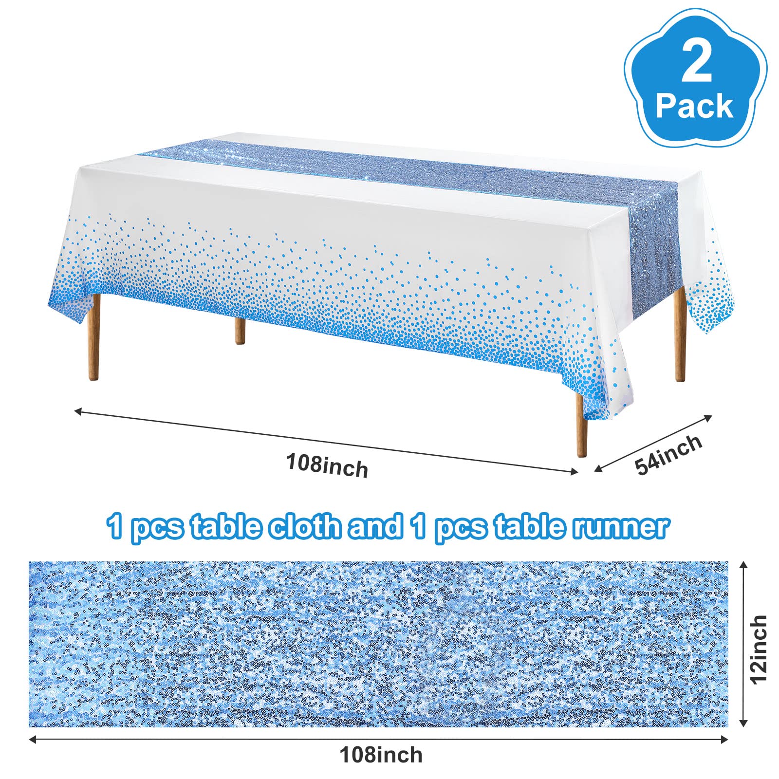 Polka Dot Sequin Table Runner & Plastic Tablecloth Set - Glitter Confetti Table Cover for Birthday, Wedding, Anniversary Party Decor (White & Blue, 2-Piece) | Perfect for Dining Tables, Buffets, and Special Event Centerpieces