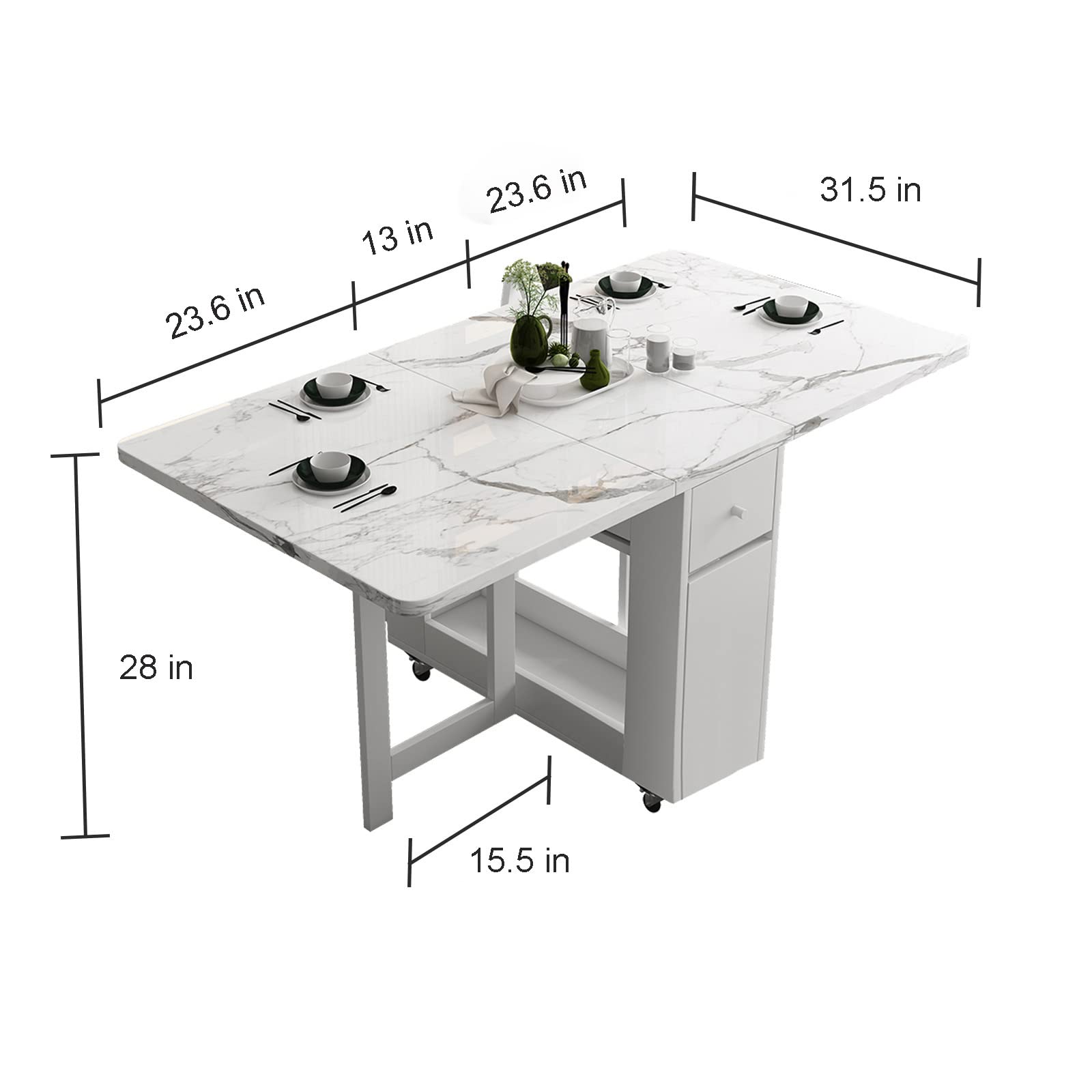 FUNROLUX White Folding Dining Table with Rack & 2 Storage Drawers - Extendable Space Saving Kitchen Table with 3 Adjustable Forms | Perfect for Small Apartments, Studio Kitchens & Compact Living Spaces