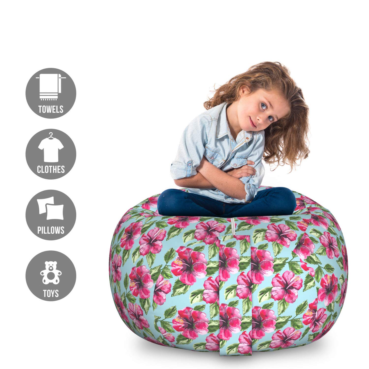 Ambesonne Large Washable Toy Storage Bag Chair - Watercolor Hibiscus & Leaves Design, Stuffed Animal Organizer for Kids Room, Nursery, Playroom - Hot Pink & Eggplant Color