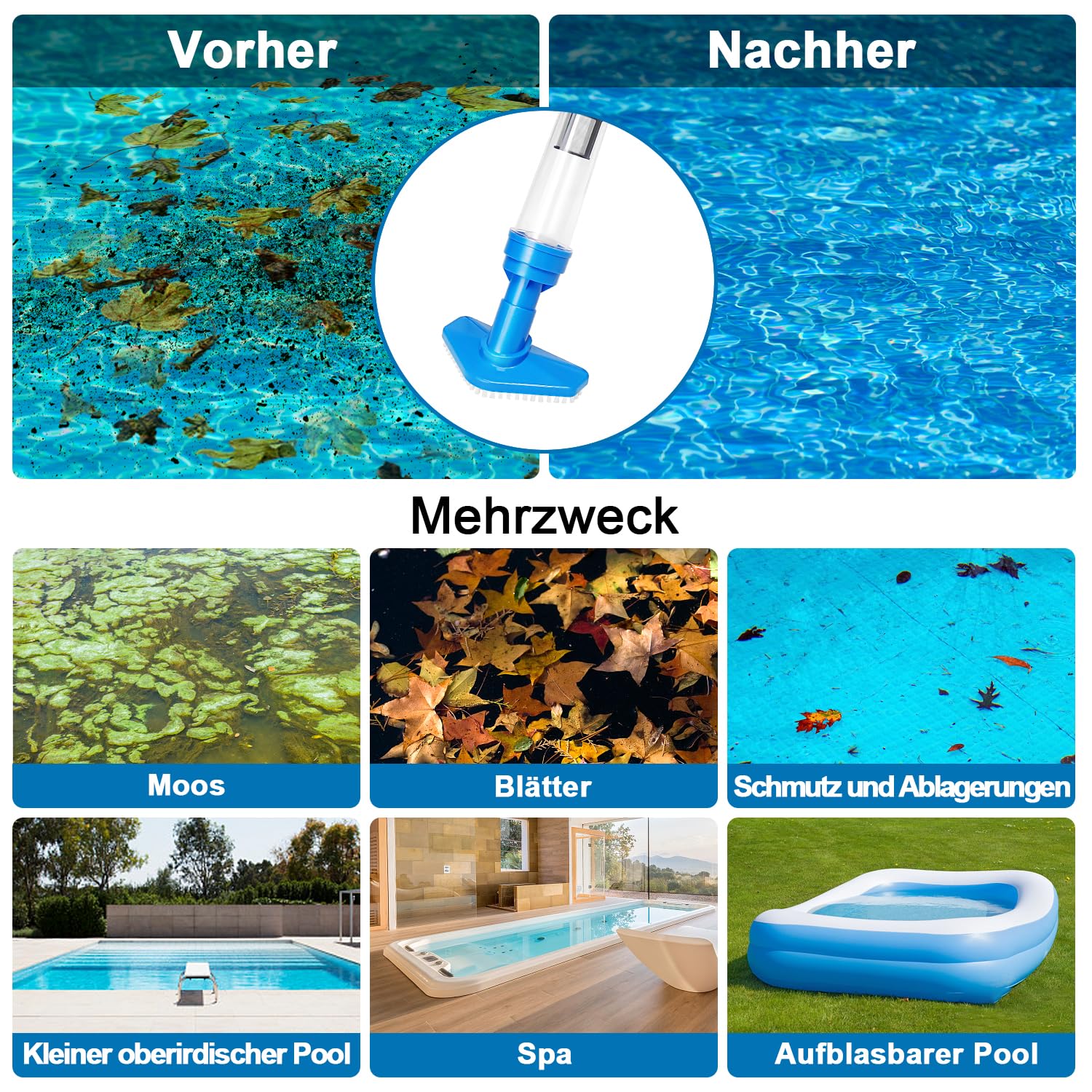PoolyPoly 3-in-1 Cordless Pool Vacuum with Battery, Handheld Pool Cleaner & Floor Vacuum, 90 Min Runtime, Telescopic Pole - Ideal for Small Pools, Spas, Whirlpools (Blue) | Perfect for Quick Cleaning & Maintenance of Inground & Above Ground Pools