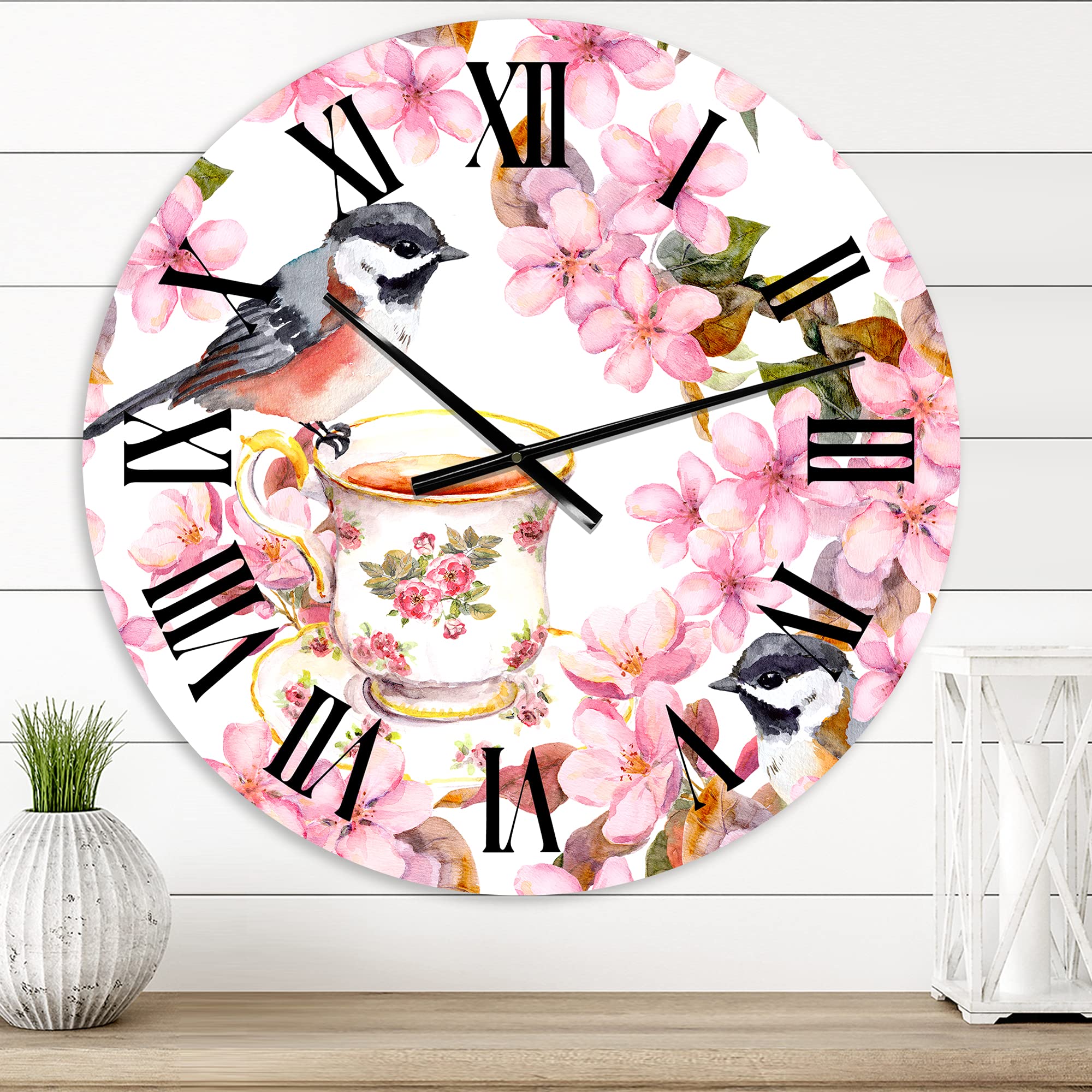 DesignQ Traditional Wall Clock 'Tea Cup Birds and Flowers' - Large Decorative Clock for Living Room, Bedroom & Office - Vintage Home Decor with Animal Motifs