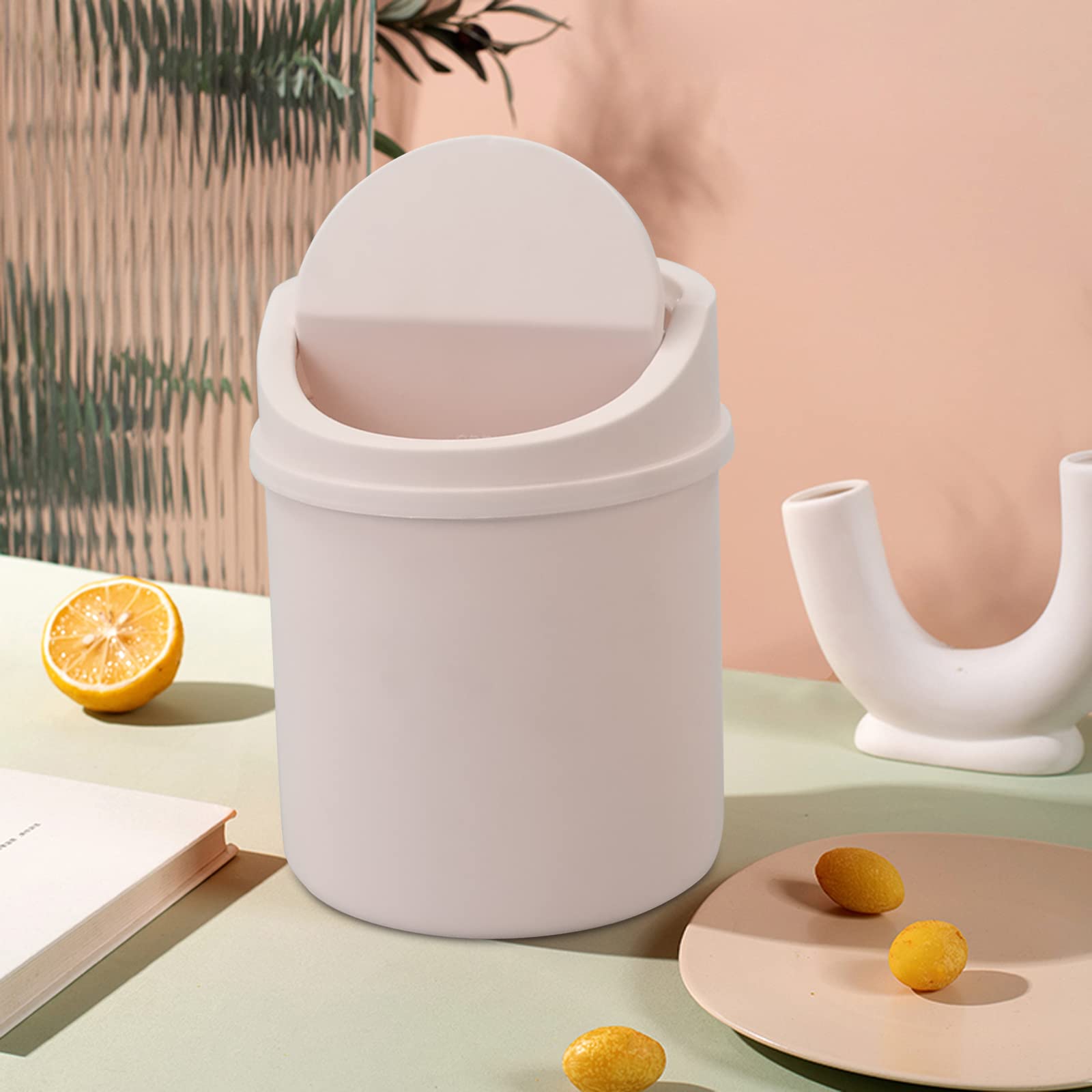 2L Plastic Mini Desktop Trash Can with Swing Lid - Small Waste Bin for Office, Bedroom, Bathroom - Pink Tiny Garbage Can for Home & Workspace Organization