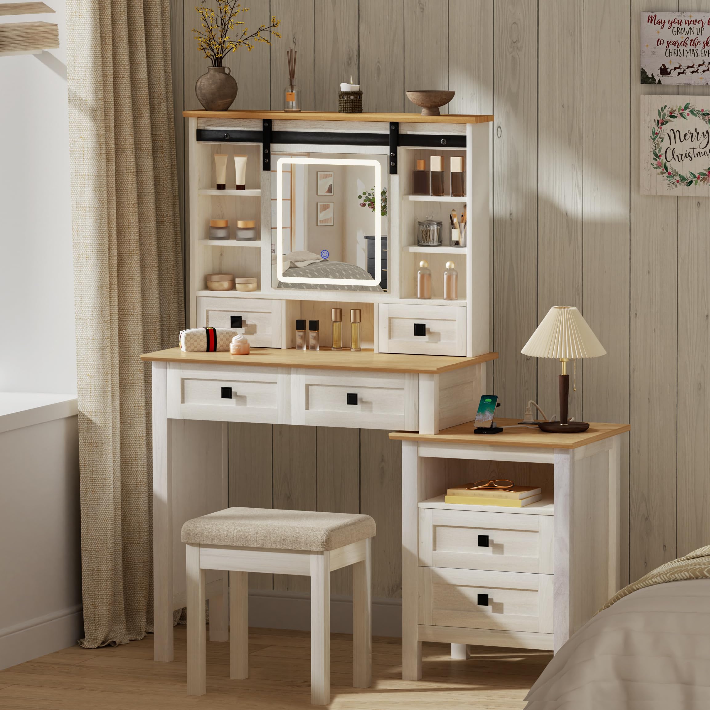 Farmhouse Makeup Vanity Desk with Sliding Mirror, LED Lights & Charging Station - Antique White Vanity Table Set with 6 Drawers, Nightstand & Stool for Bedroom | 3 Color Lighting Options | Perfect for Women & Girls Makeup Routine (UBDT56W)
