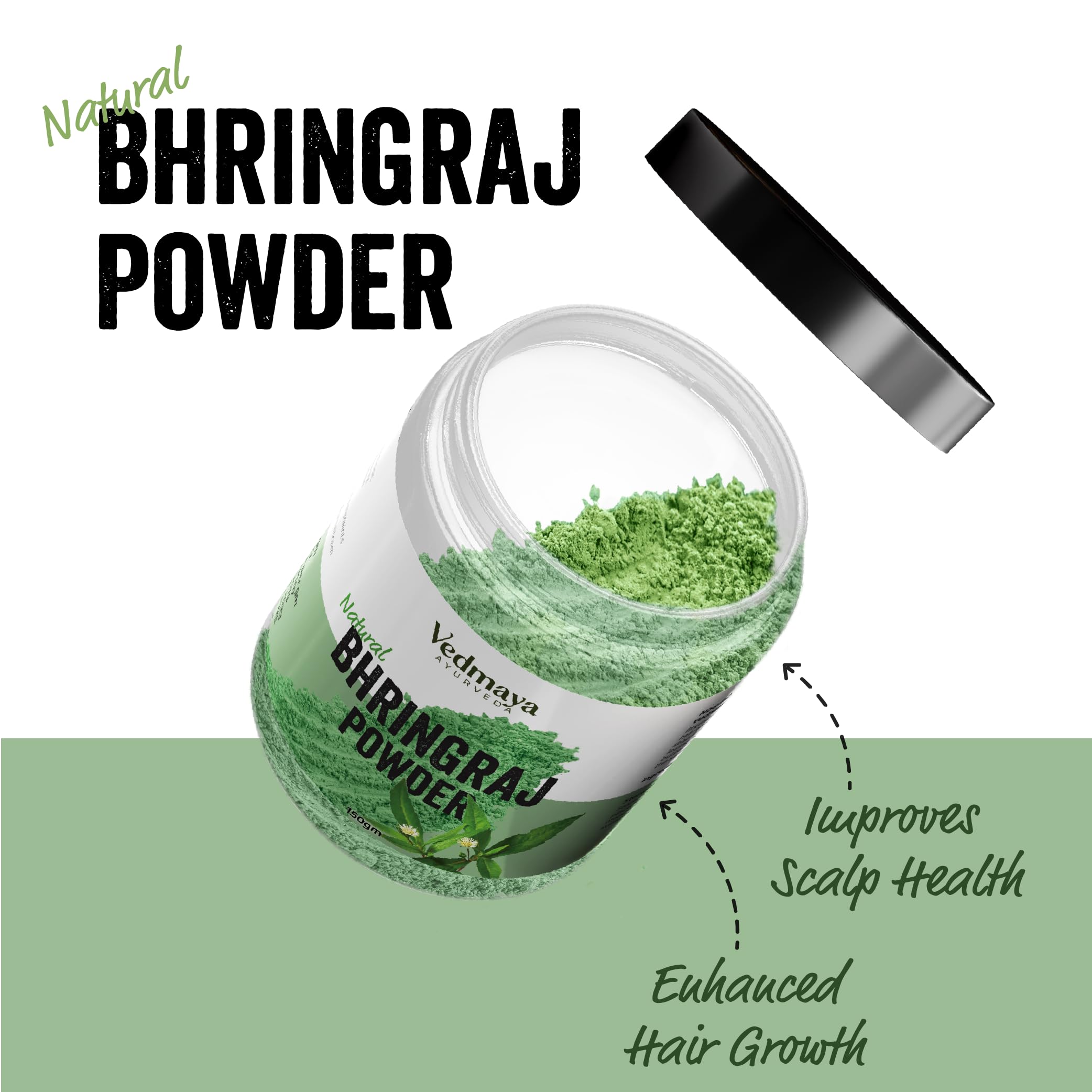 VEDMAYA Pure & Natural Bhringraj Powder (150g) for Hair Growth & Scalp Health | Chemical-Free, Preservative-Free | Hair Mask & Dietary Supplement | Deep Cleansing Natural Hair Treatment - Perfect for DIY Hair Care & Ayurvedic Wellness Routines