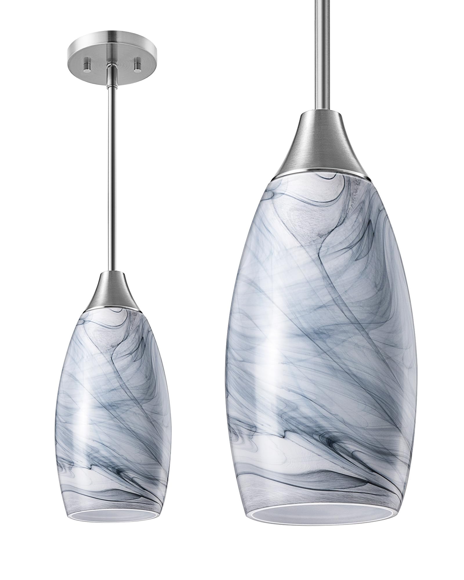 Handcrafted Art Glass Pendant Light Fixture - Grey Marble Glass Shade with Adjustable Brushed Nickel Rods, Hardwired Ceiling Light with E26 Base | Perfect for Kitchen Island Lighting, Dining Room, Bar Counter and Modern Home Decor