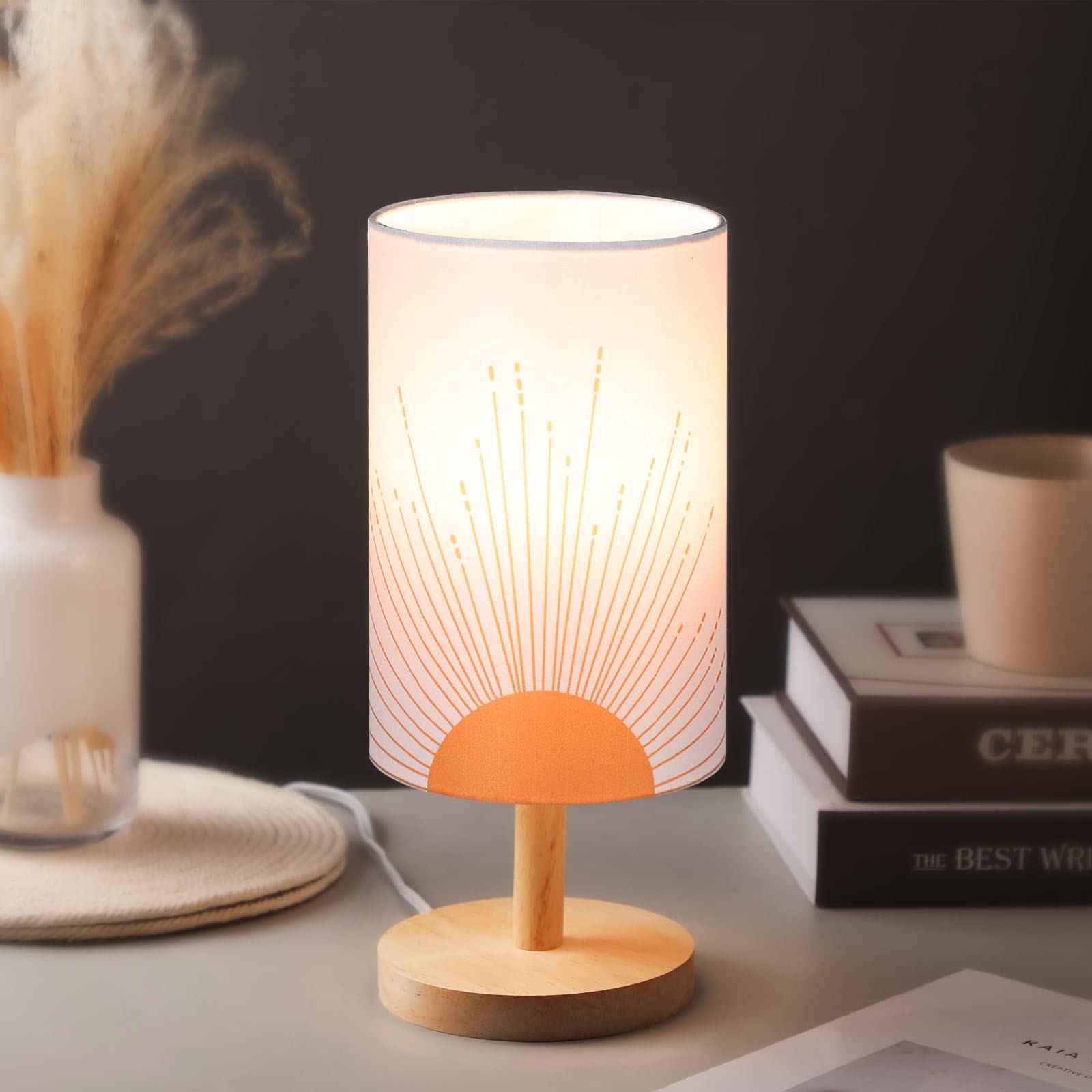 Bonuci 3W Boho Minimalist Bedside Table Lamp with Wood Base - Abstract Geometric Night Stand Lamp for Bedroom, Living Room, Office & Desk | Perfect for Reading, Relaxing & Creating Cozy Ambiance