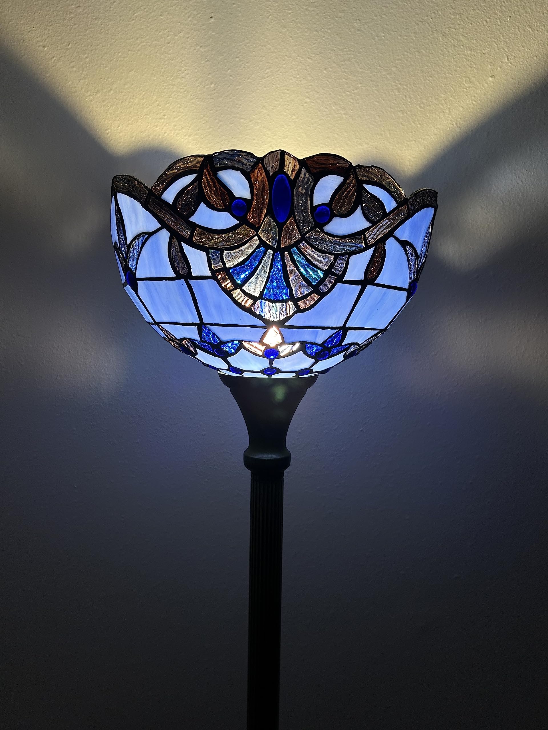 Tiffany Torch Floor Lamp with Blue Stained Glass - Baroque Style LED Floor Light with Included Lavender Bulb for Living Room, Bedroom, Office Decor - 66